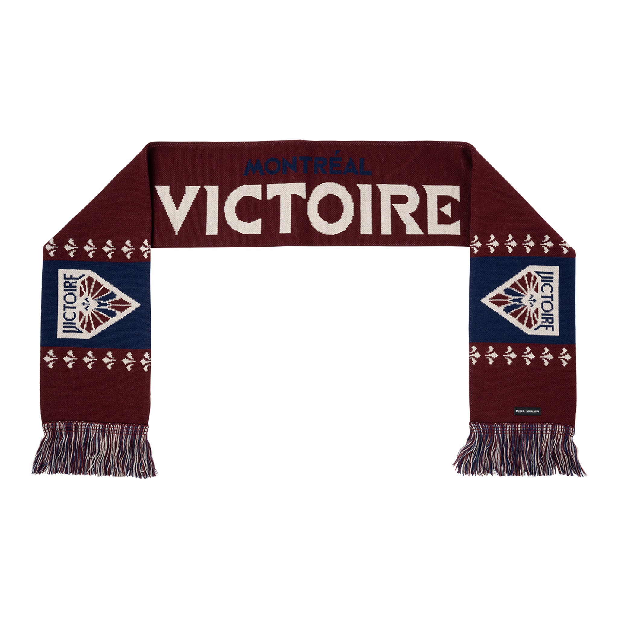 Maroon and blue scarf with 'Montreal Victoire' text on a white background