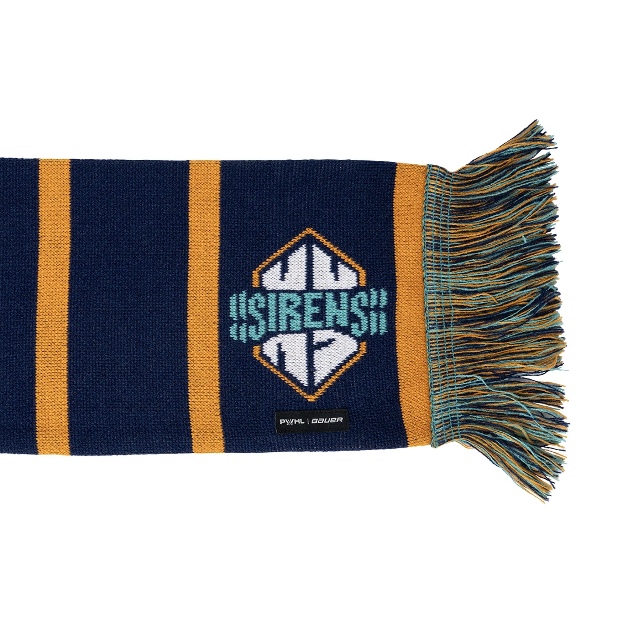 Navy blue and gold striped scarf with a logo and text on a white background