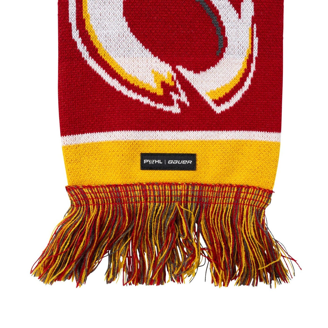 Red and yellow scarf with a logo and 'Puma' branding on a white background