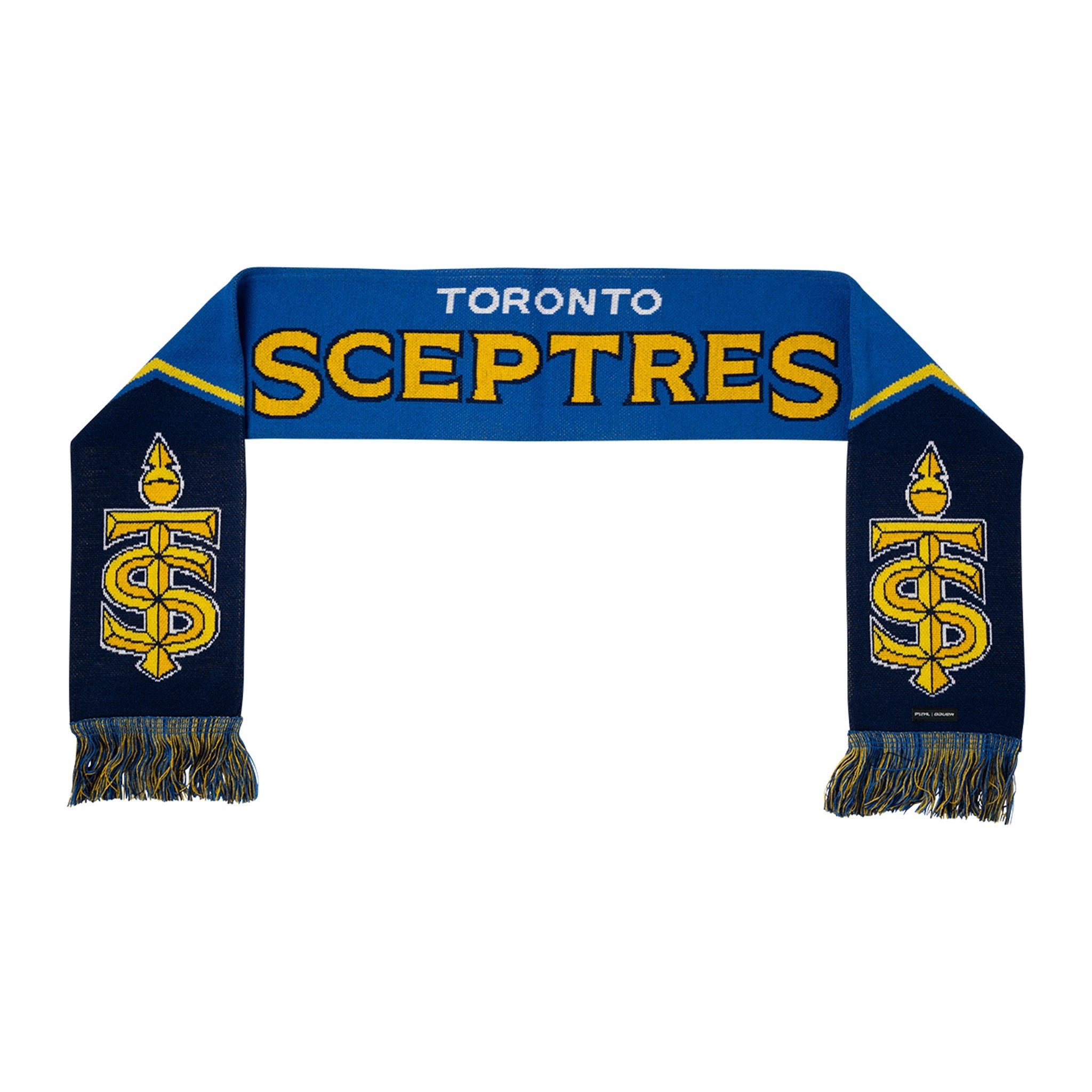 blue scarf with yellow text and logos on a white background