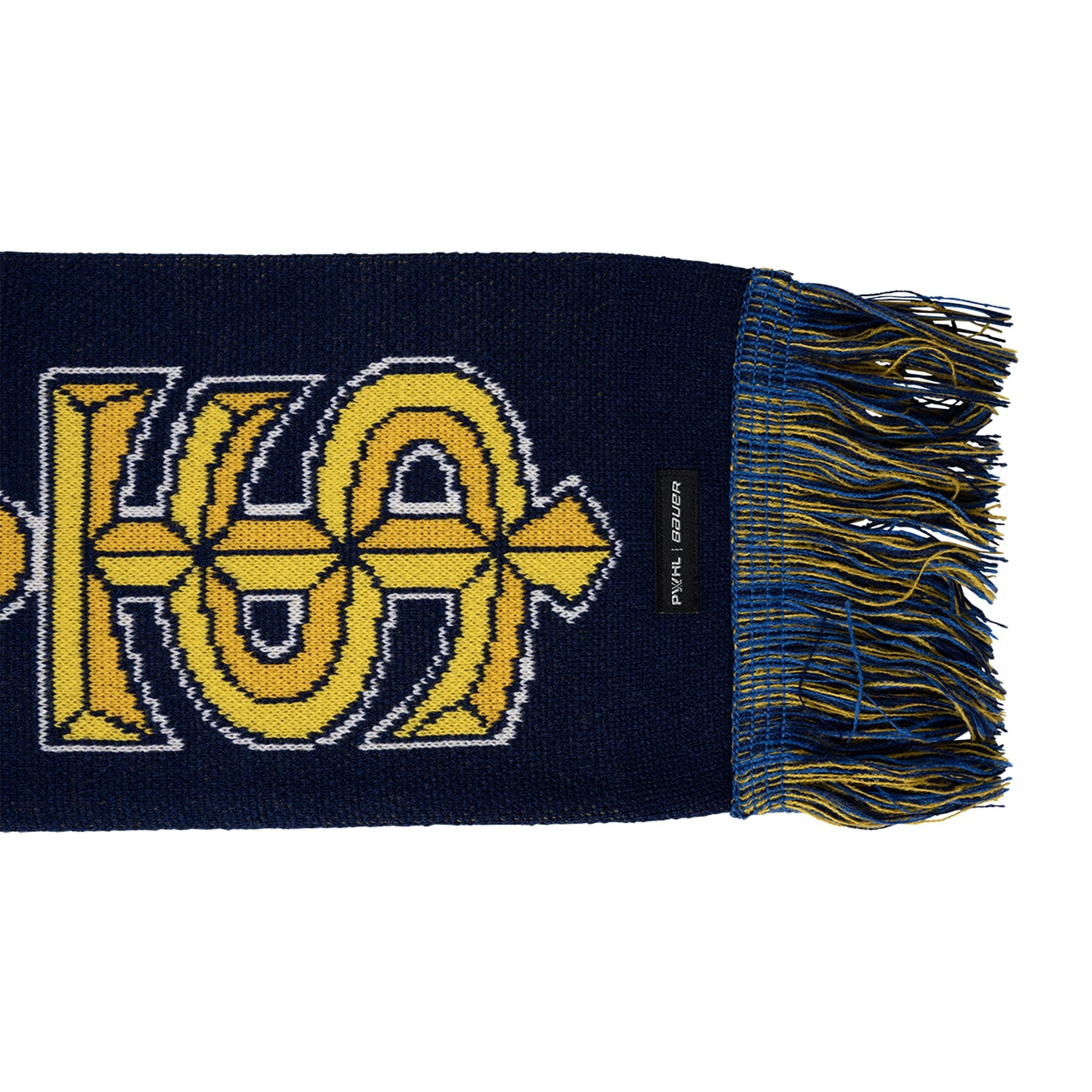 Navy blue scarf with yellow and white design on a white background