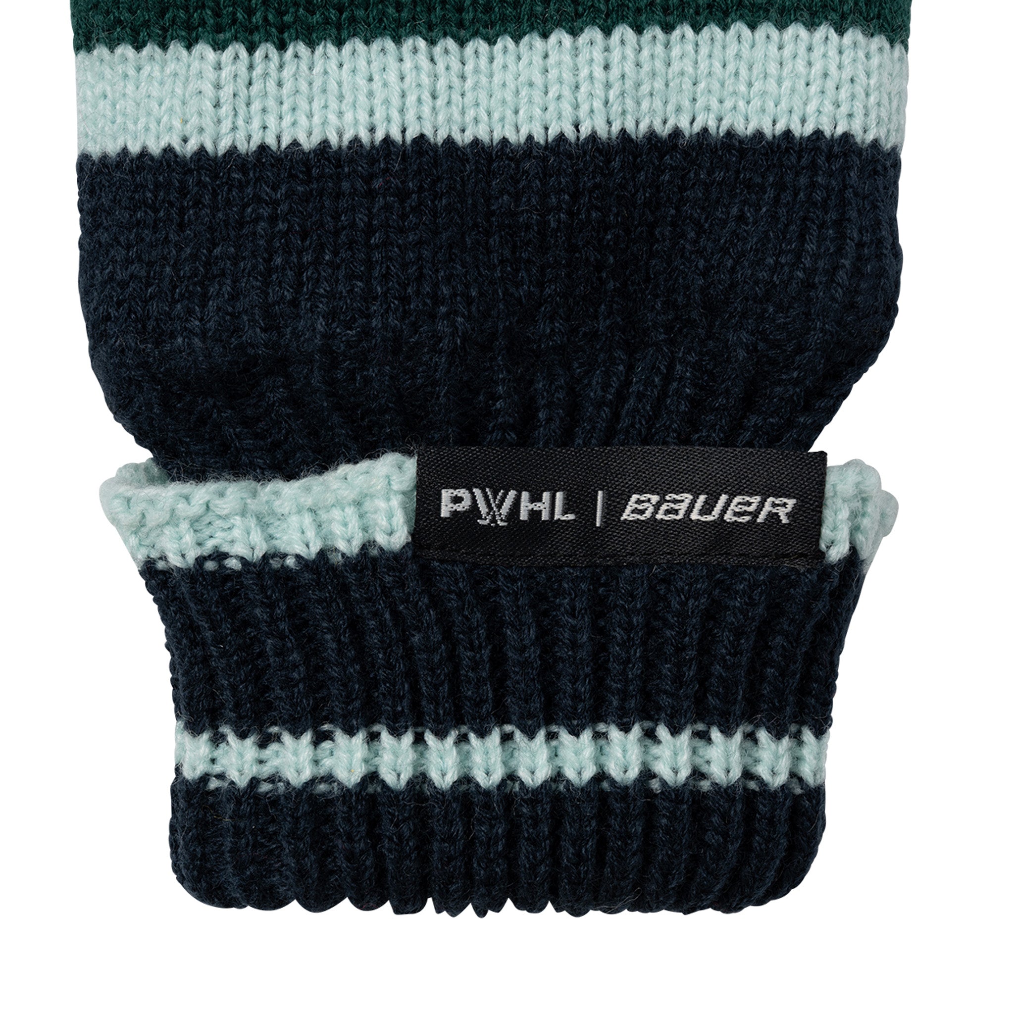 Close-up of a knitted sleeve with PWHL and Bauer branding on a white background