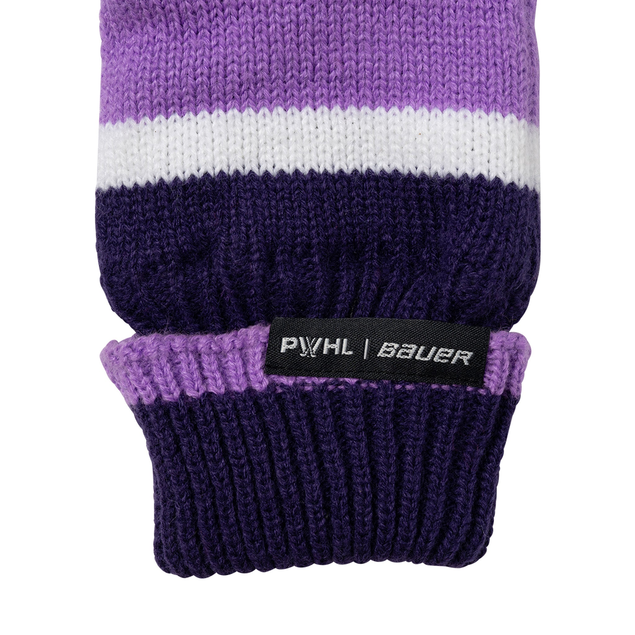 Purple and white striped knitted item with a visible brand label on a white background