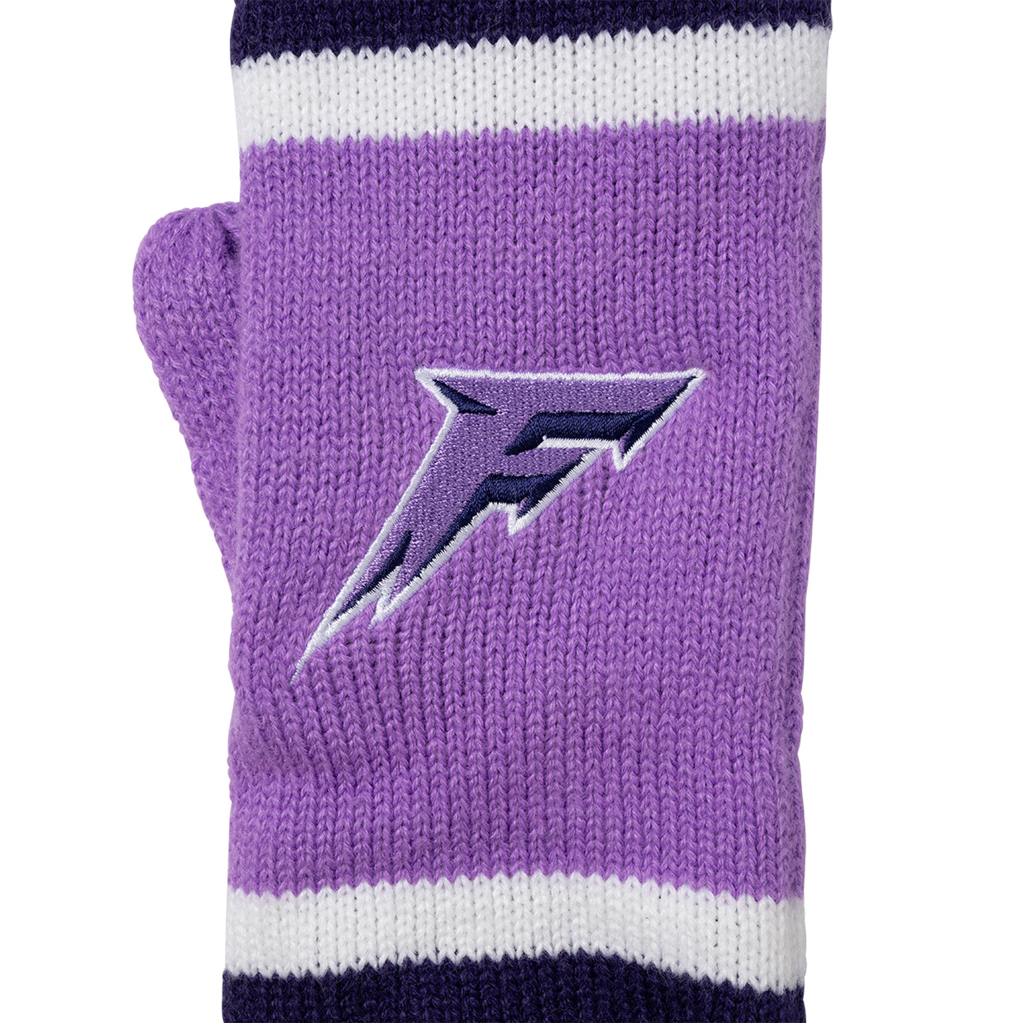 Purple knit glove with a logo on a white background