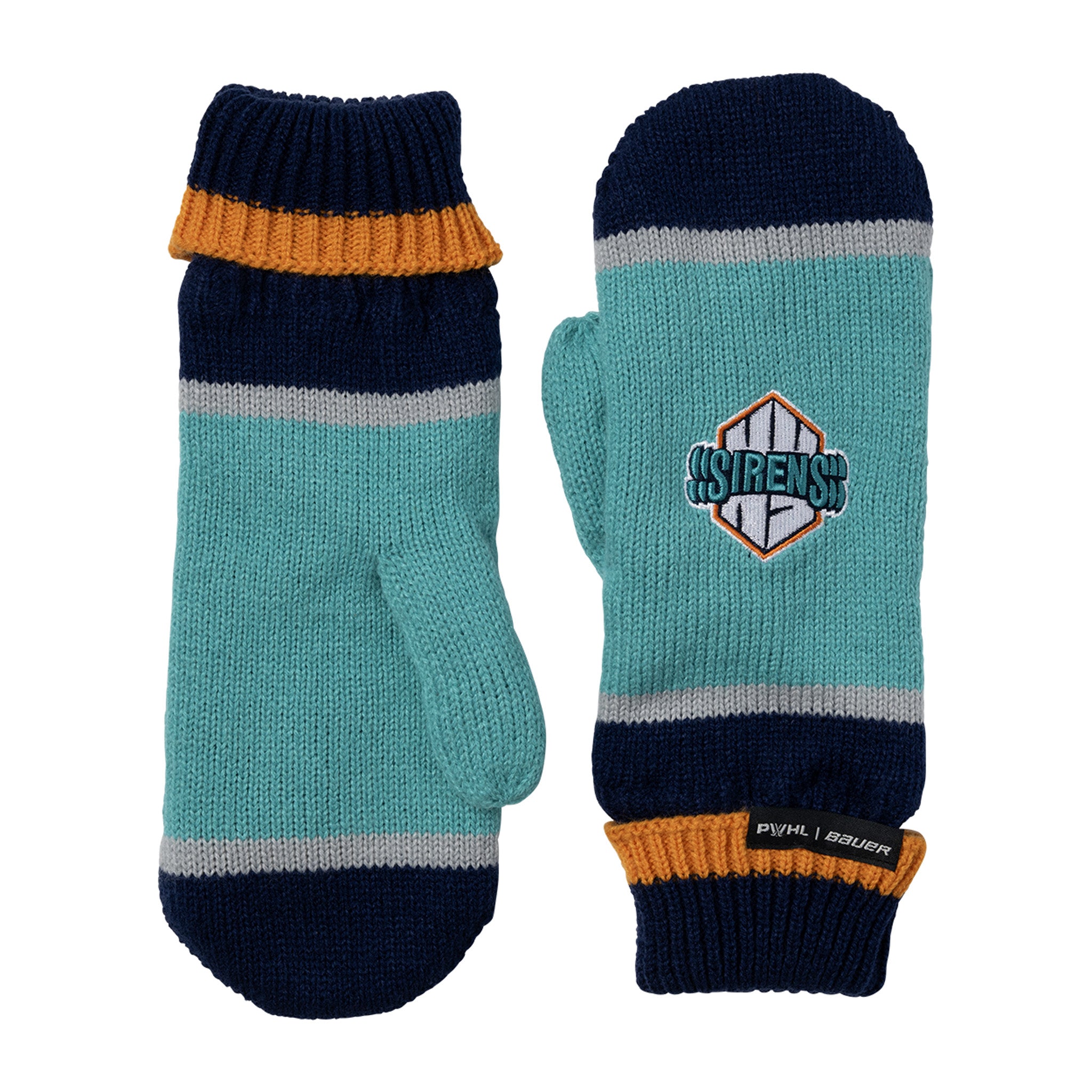 Pair of teal and navy mittens with orange accents on a white background