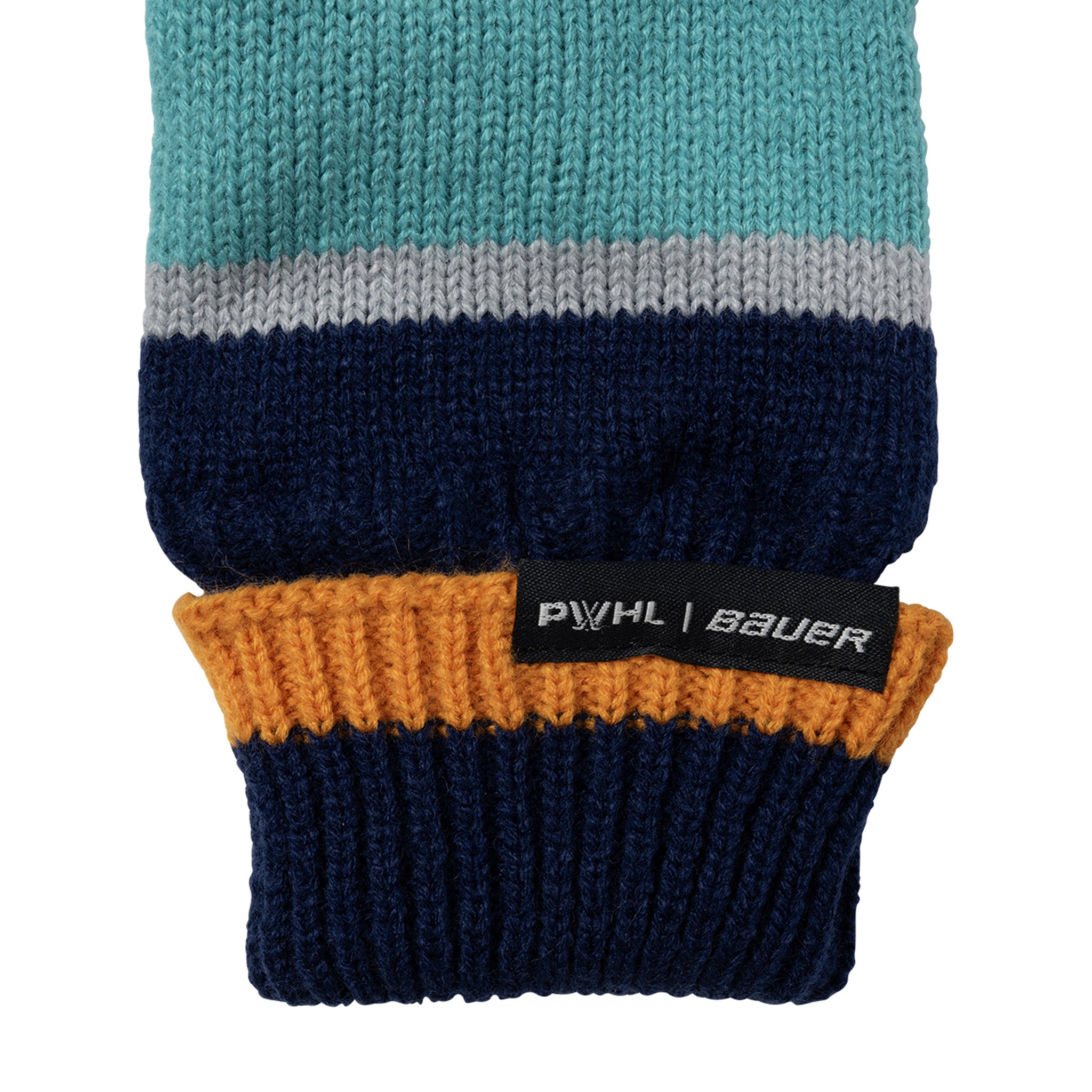 Knitted sleeve with color-blocked design and Bauer logo on a white background