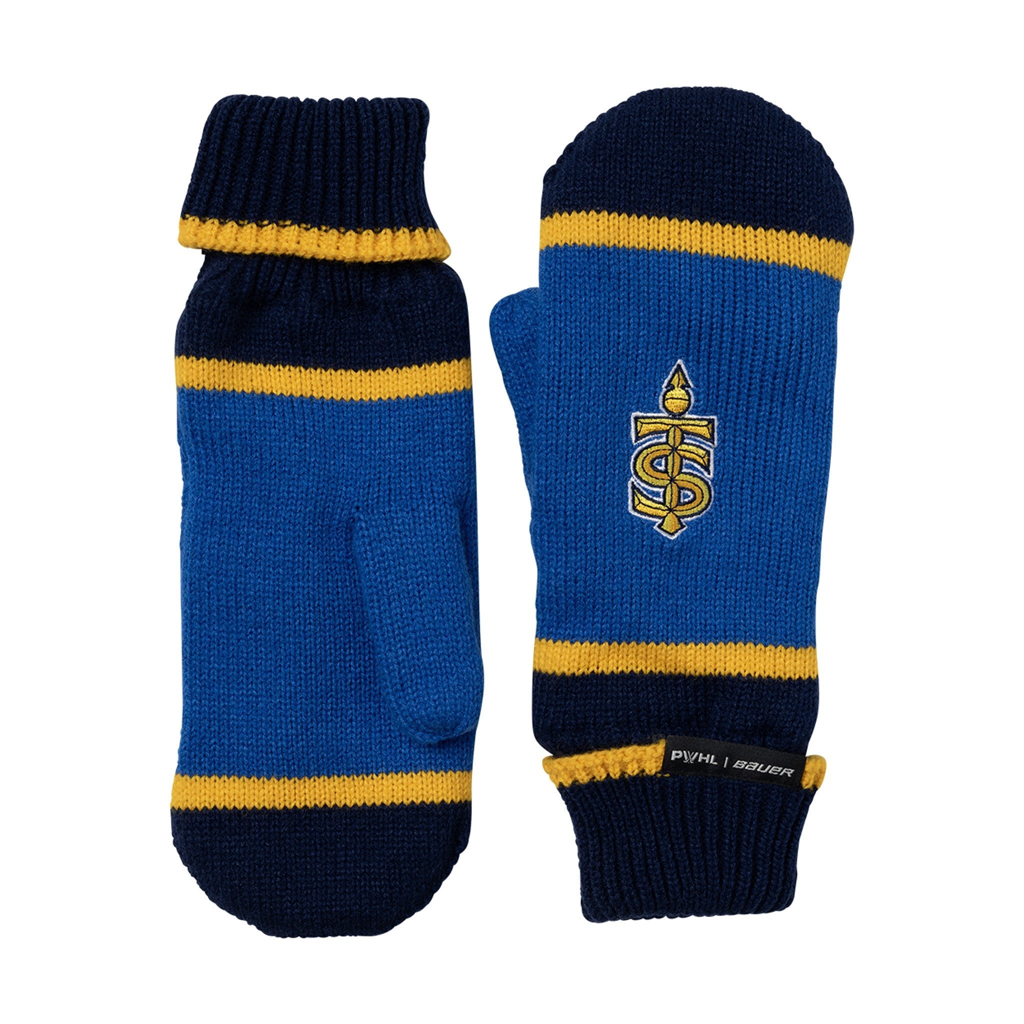 Blue and navy mittens with yellow accents on a white background