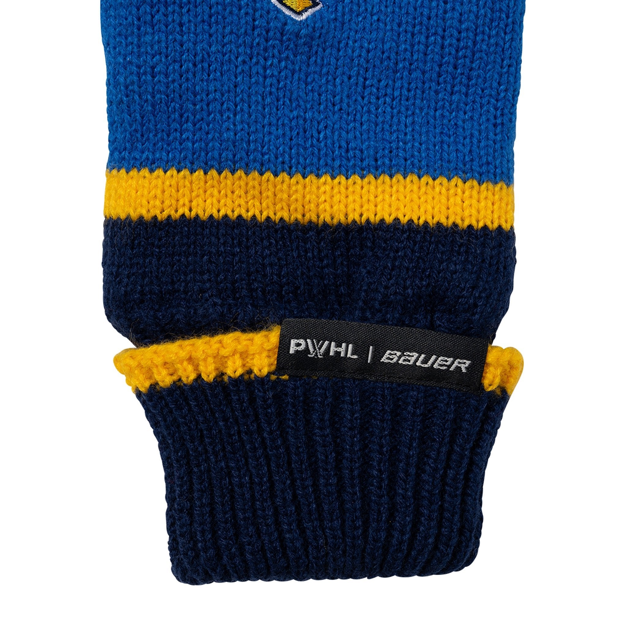 Blue and yellow hockey sock with PWHL and Bauer branding on a white background