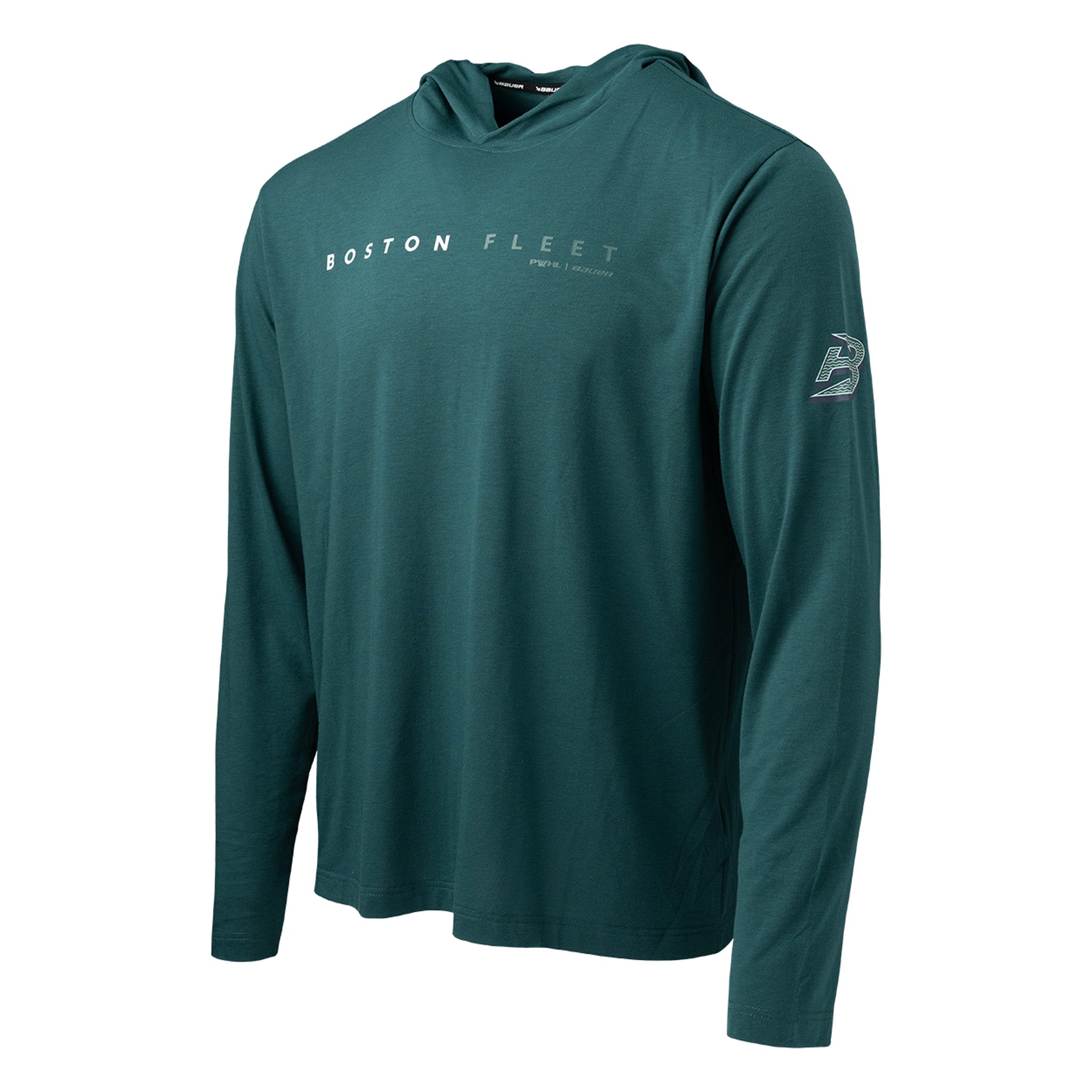 Teal long-sleeve hoodie with 'Boston Fleet' branding on a white background