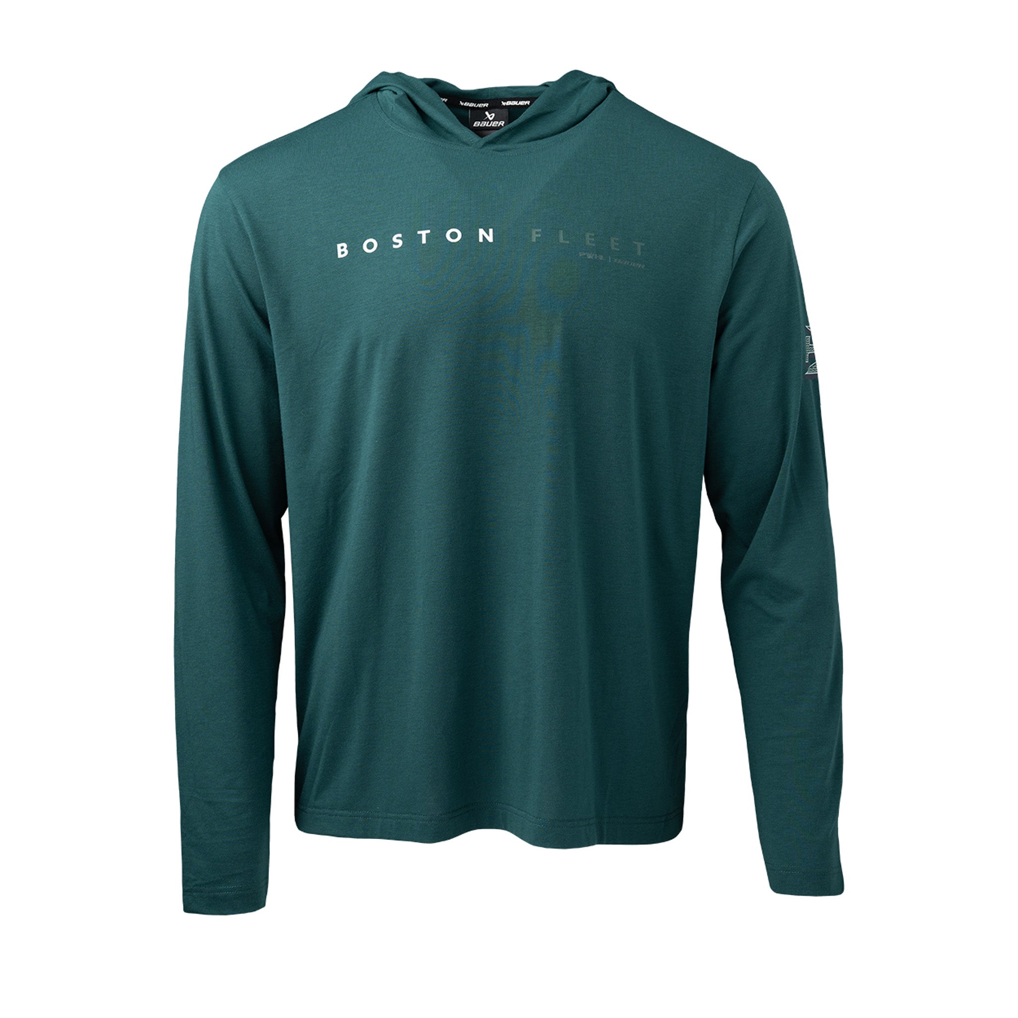 Teal long-sleeve hoodie with 'Boston Fleet' text on a white background
