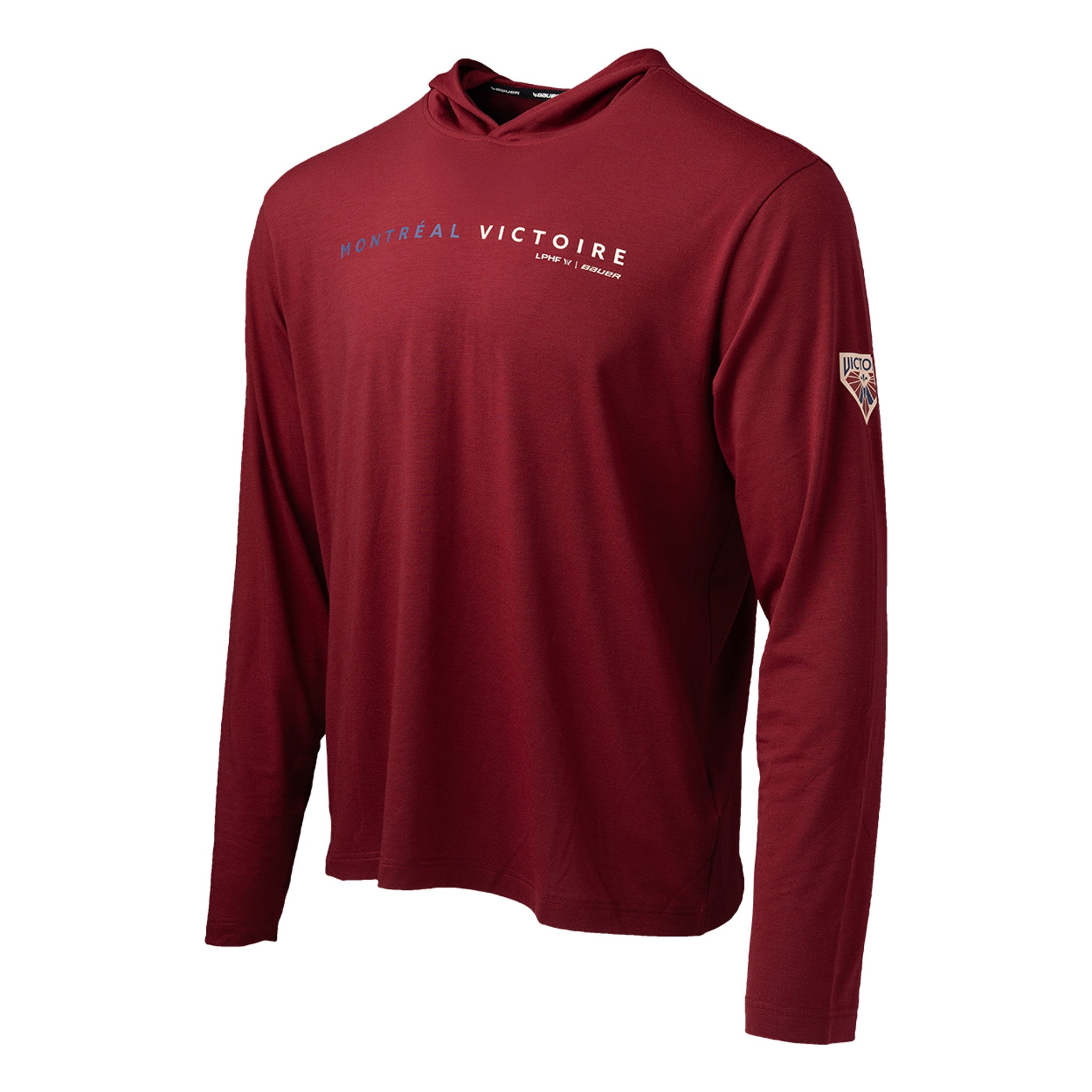 Maroon long-sleeve hoodie with branding on a white background