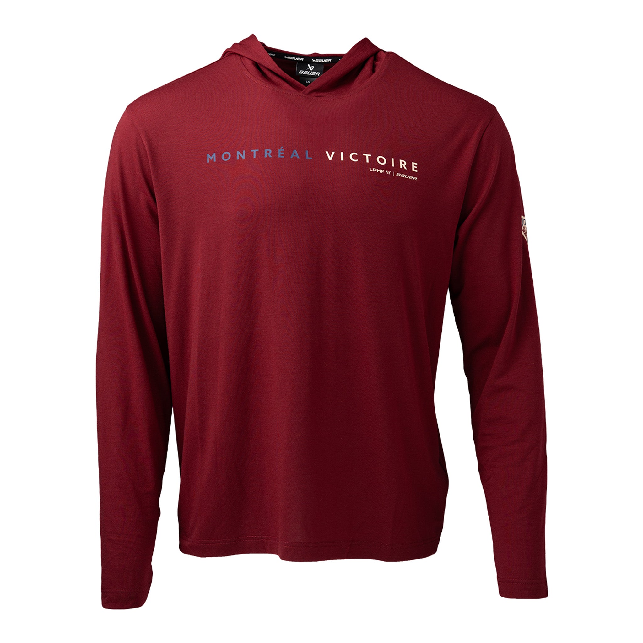 Red hoodie with 'Montreal Victoire' text on a white background