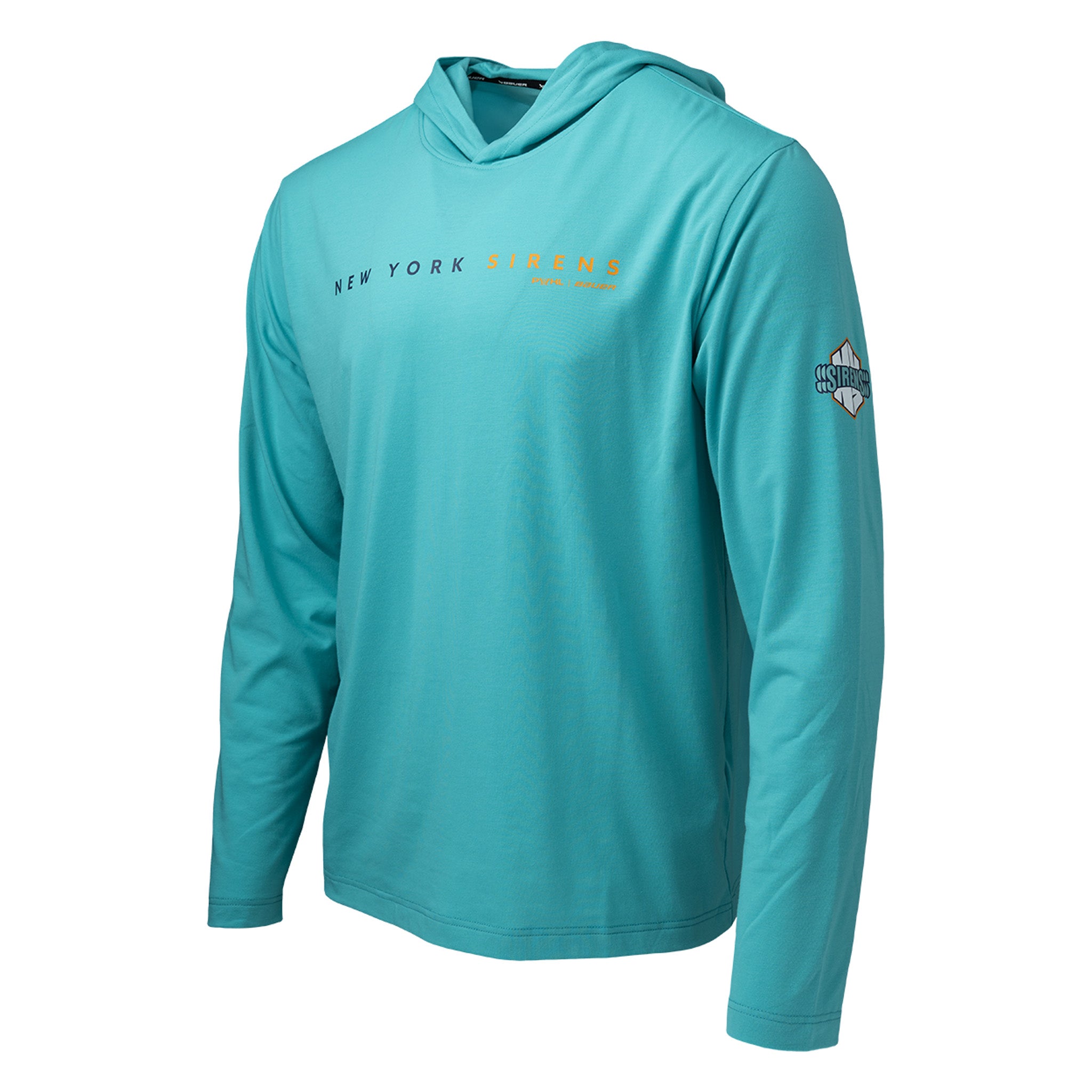 Teal hoodie with branding on a white background