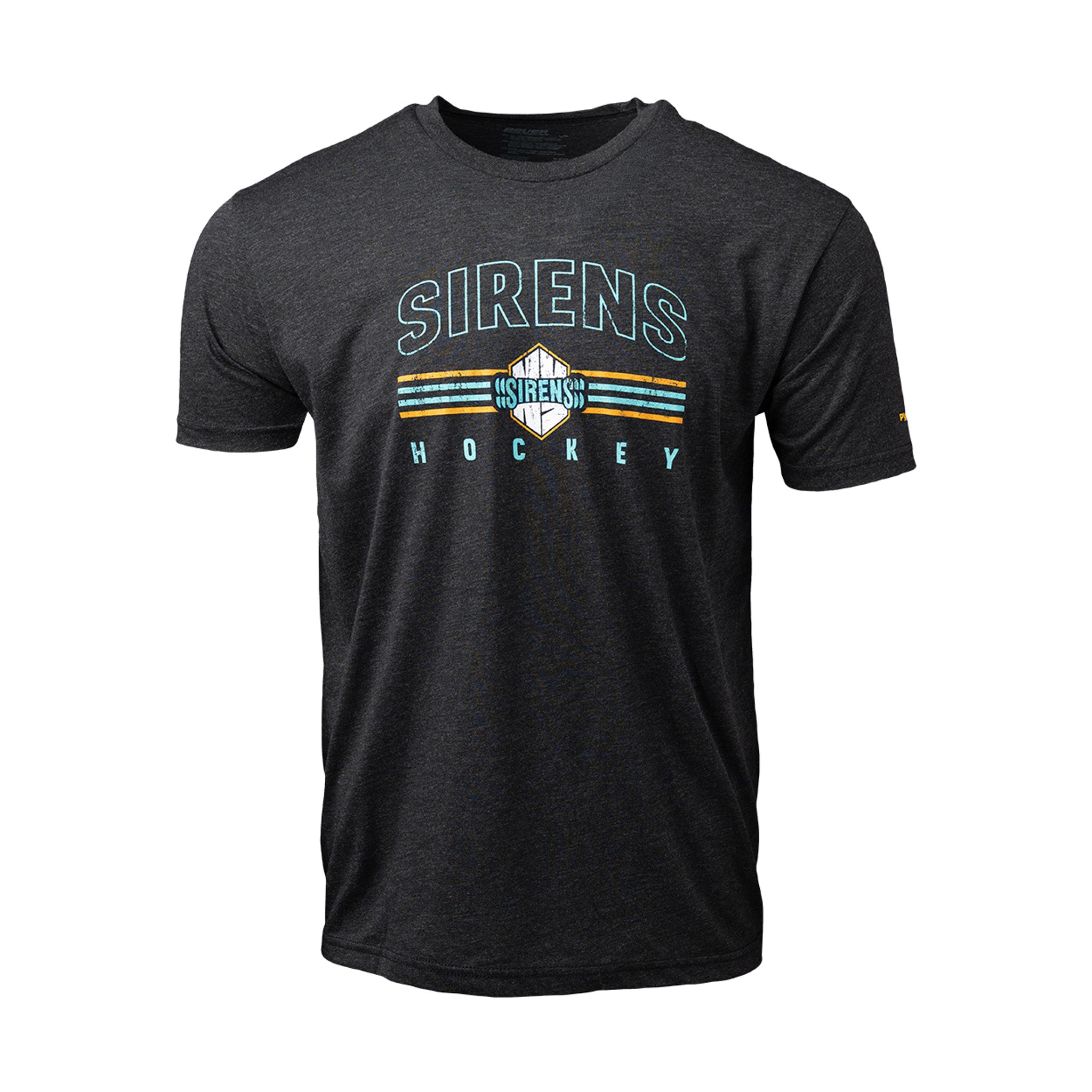 Black t-shirt with 'Sirens Hockey' text and logo on a white background