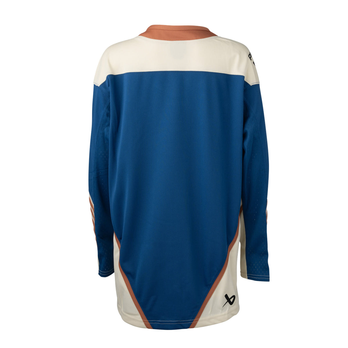 Back of a blue jersey with cream color blocking on the hips with a tan line on top. The collar is tan and cream shoulder caps have the PWHL logo on the left shoulder. A Bauer logo is on the bottom right.