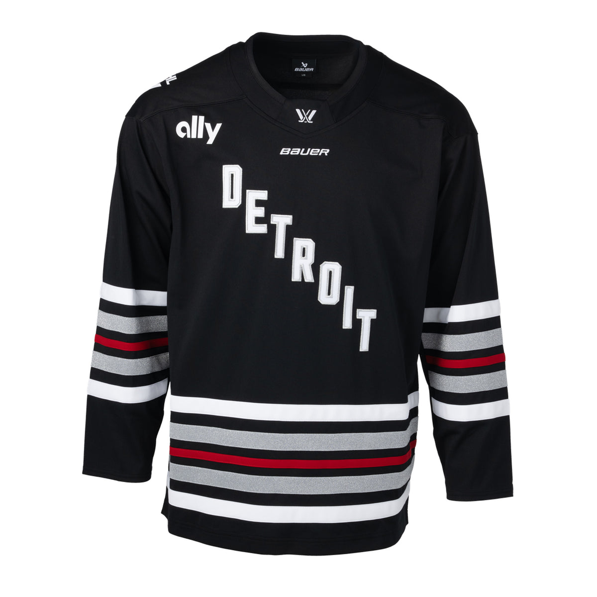 Front of a black jersey with red, white, and shimmering silver stripes on the sleeves and bottom hem. 'DETROIT' is in white with silver outlining diagonally across the chest. A white PWHL logo is on the front of the collar, a white Bauer logo below it, and a white Ally logo is on the right shoulder.