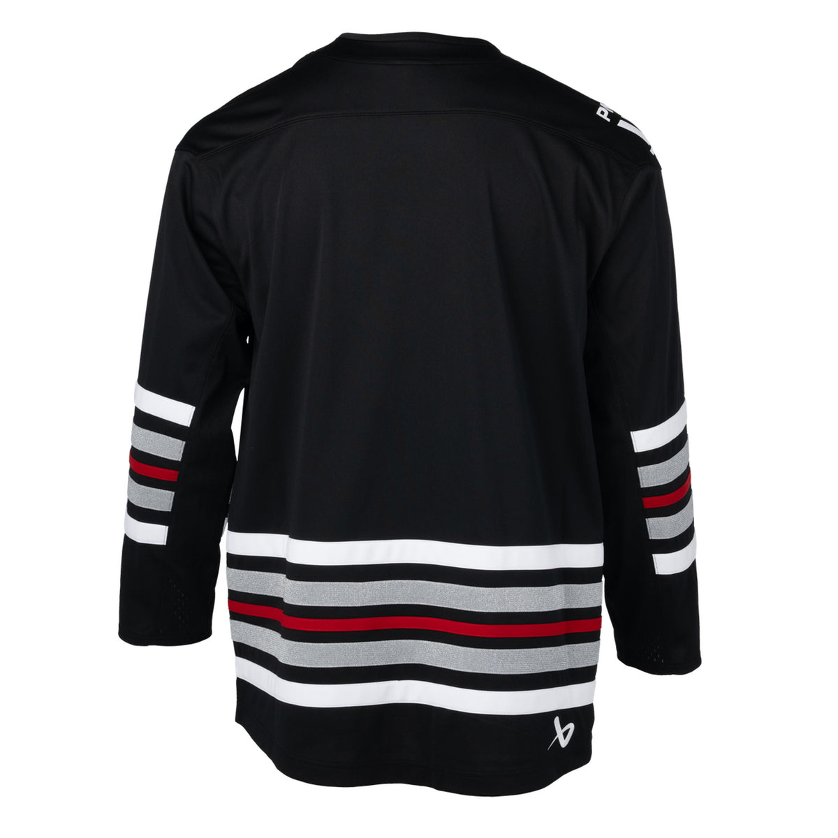 Back of a black jersey with red, white, and shimmering silver stripes on the sleeves and bottom hem. A white PWHL logo is on the right shoulder and a white Bauer logo is above the bottom right hem.