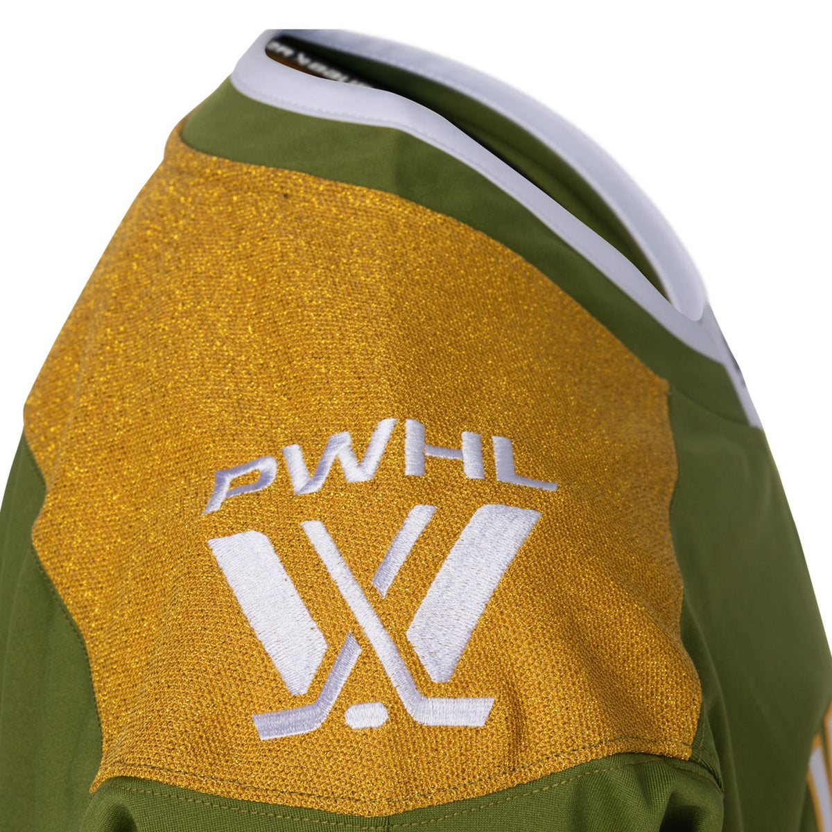 The gold and sparkling right shoulder of a green jersey that has a white PWHL logo.