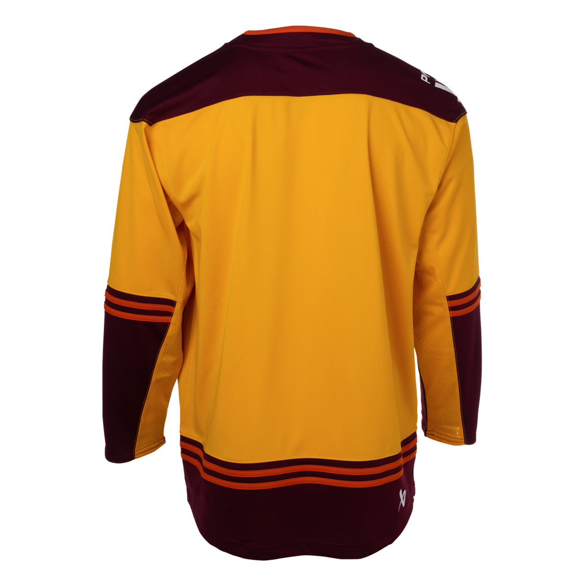 Back of a gold jersey with maroon shoulder caps. Maroon color blocking on the sleeves and bottom hem with orange stipes on top. A white PWHL logo is on the right shoulder and a white Bauer logo is above the bottom right hem.