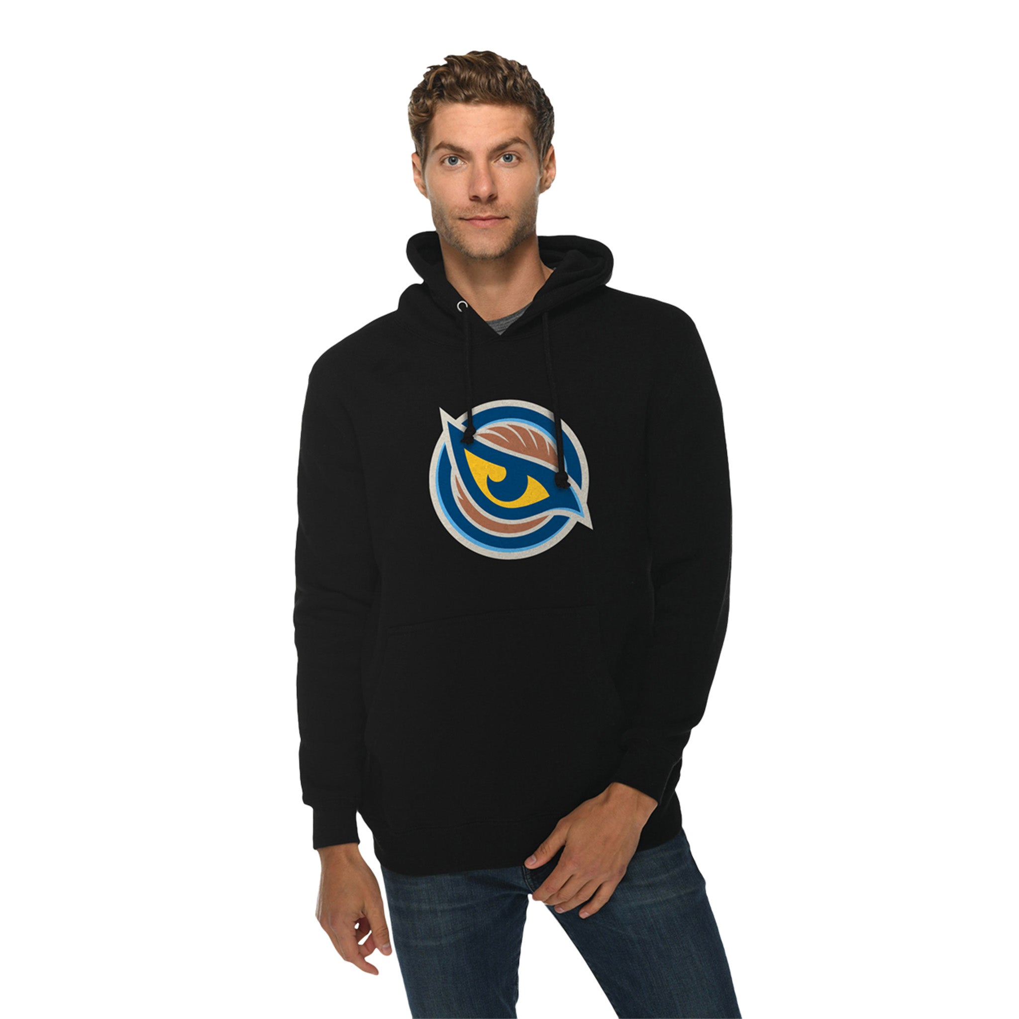 Man wearing a black hoodie with a Vancouver Goldeneyes logo on a white background