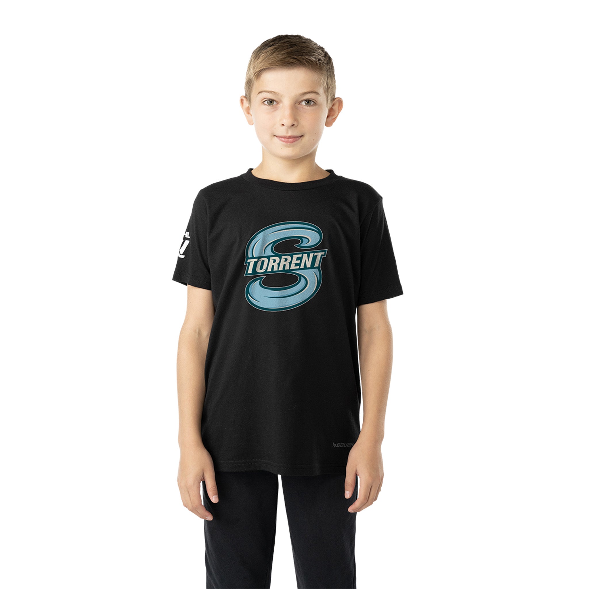 Child wearing a black t-shirt with a blue logo on a white background