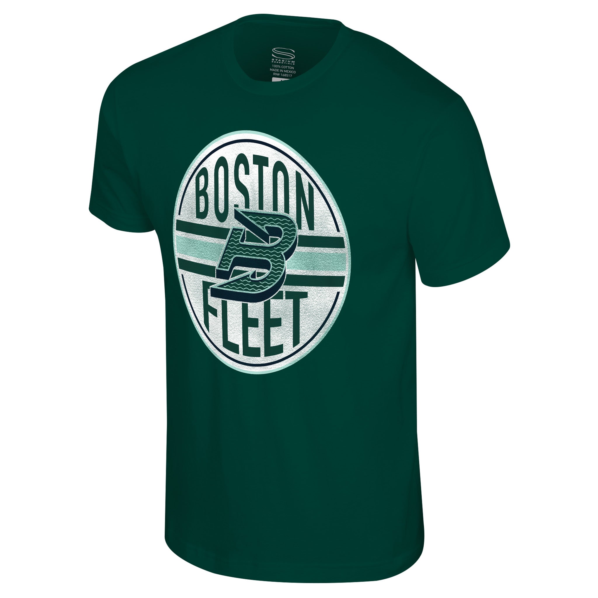 Green t-shirt with 'Boston Fleet' logo on a white background