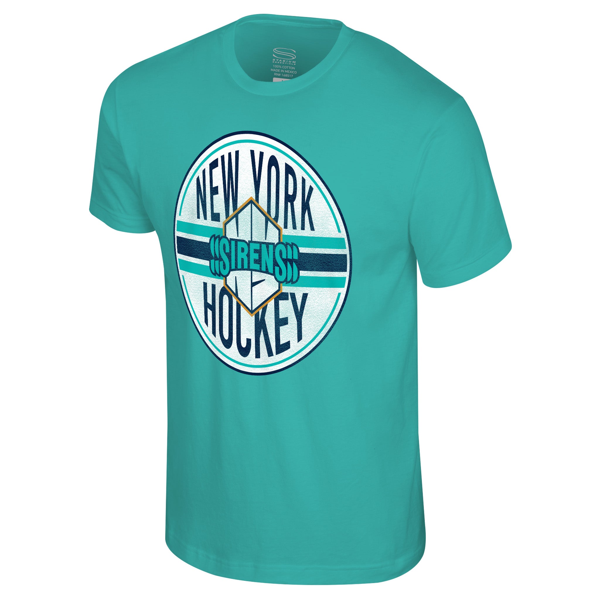 Teal t-shirt with 'New York Sirens Hockey' graphic on a white background