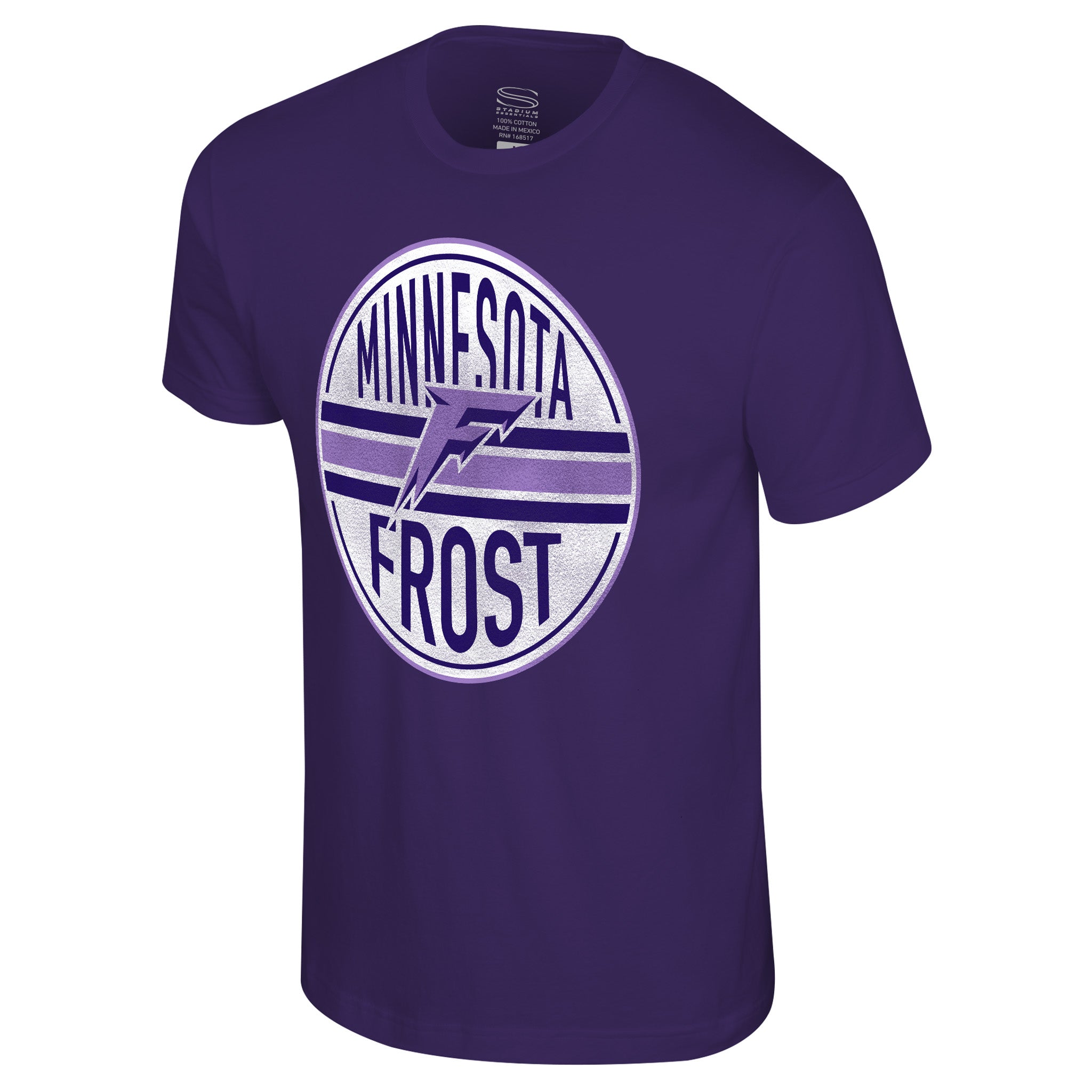 Purple t-shirt with 'Minnesota Frost' logo on a white background