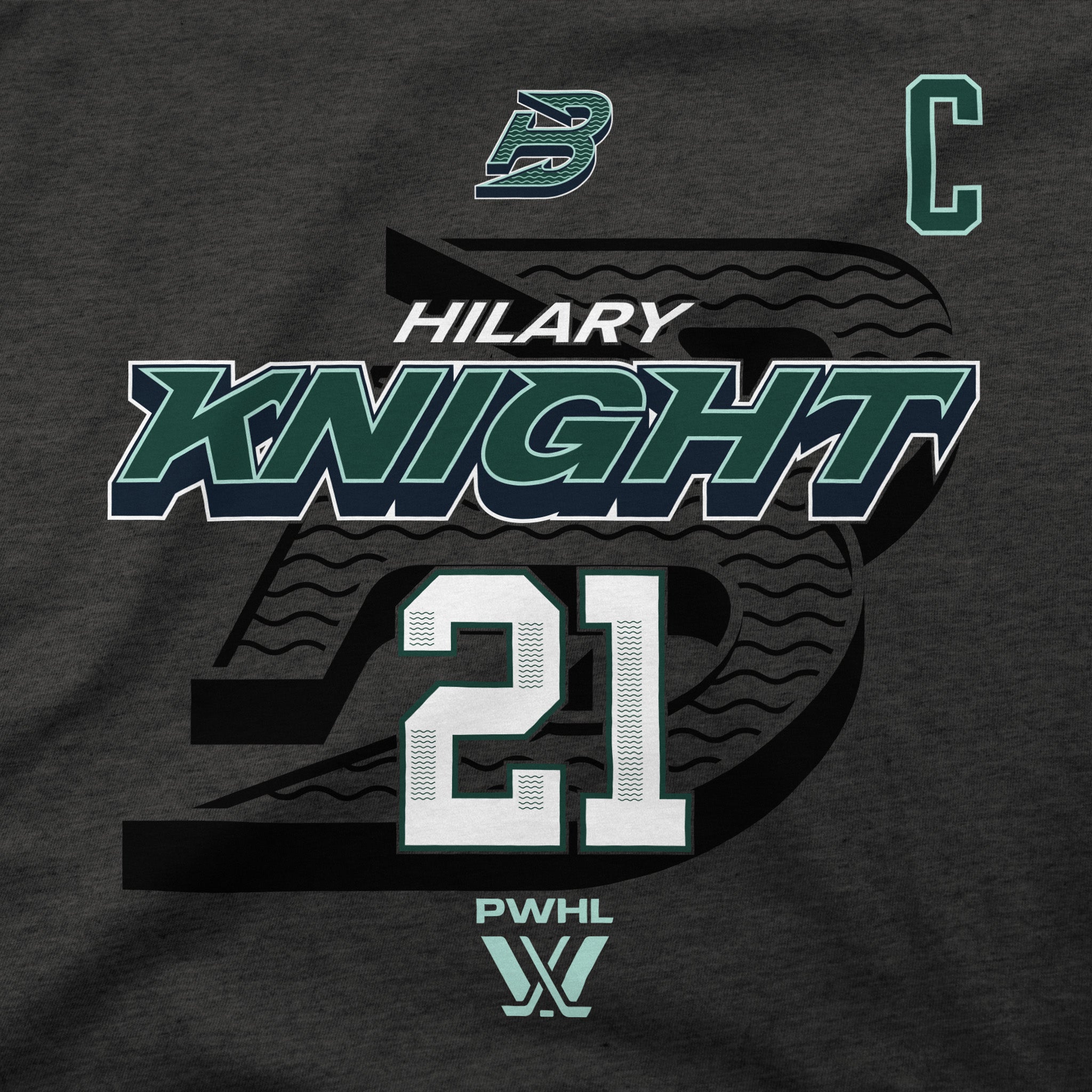 Close-up of a dark heather gray graphic hoodie featuring a custom design for 'Hilary Knight 21' with a stylized hockey player silhouette, team logo, and 'PWHL' logo.