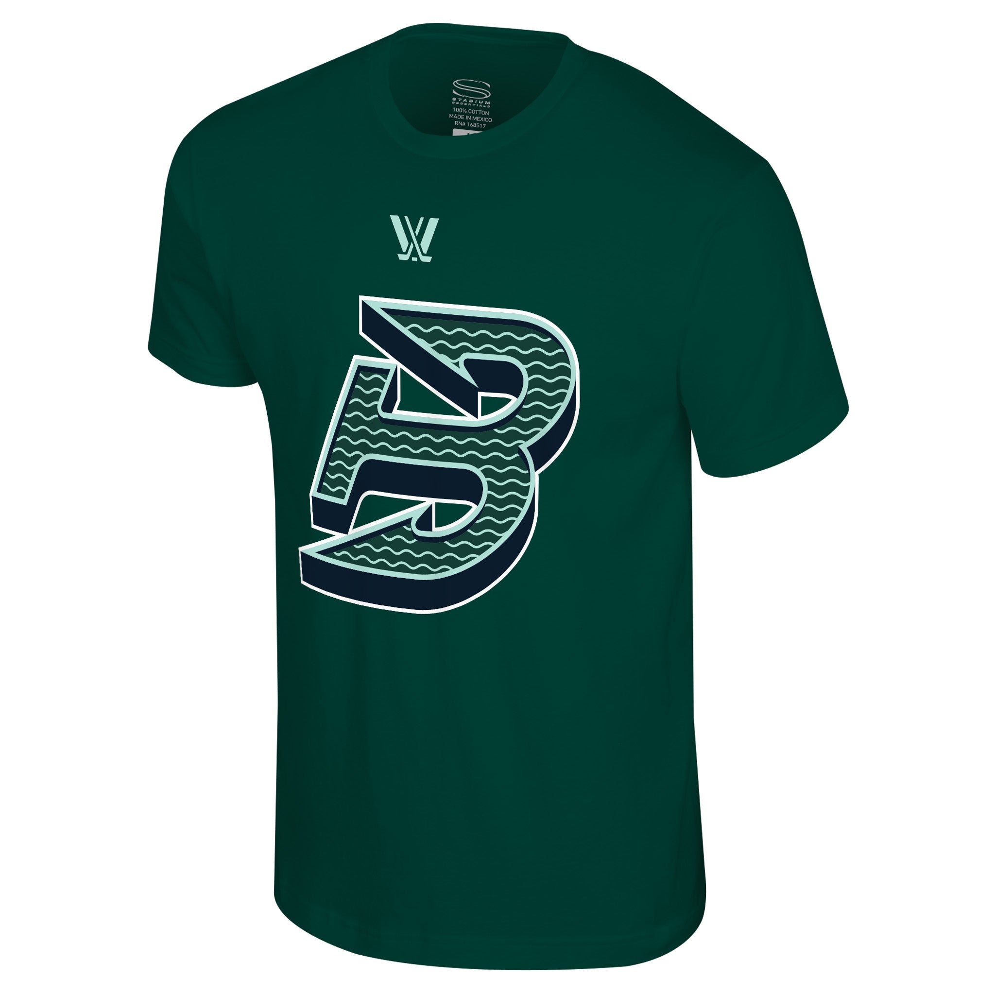 Green t-shirt with a logo on a white background