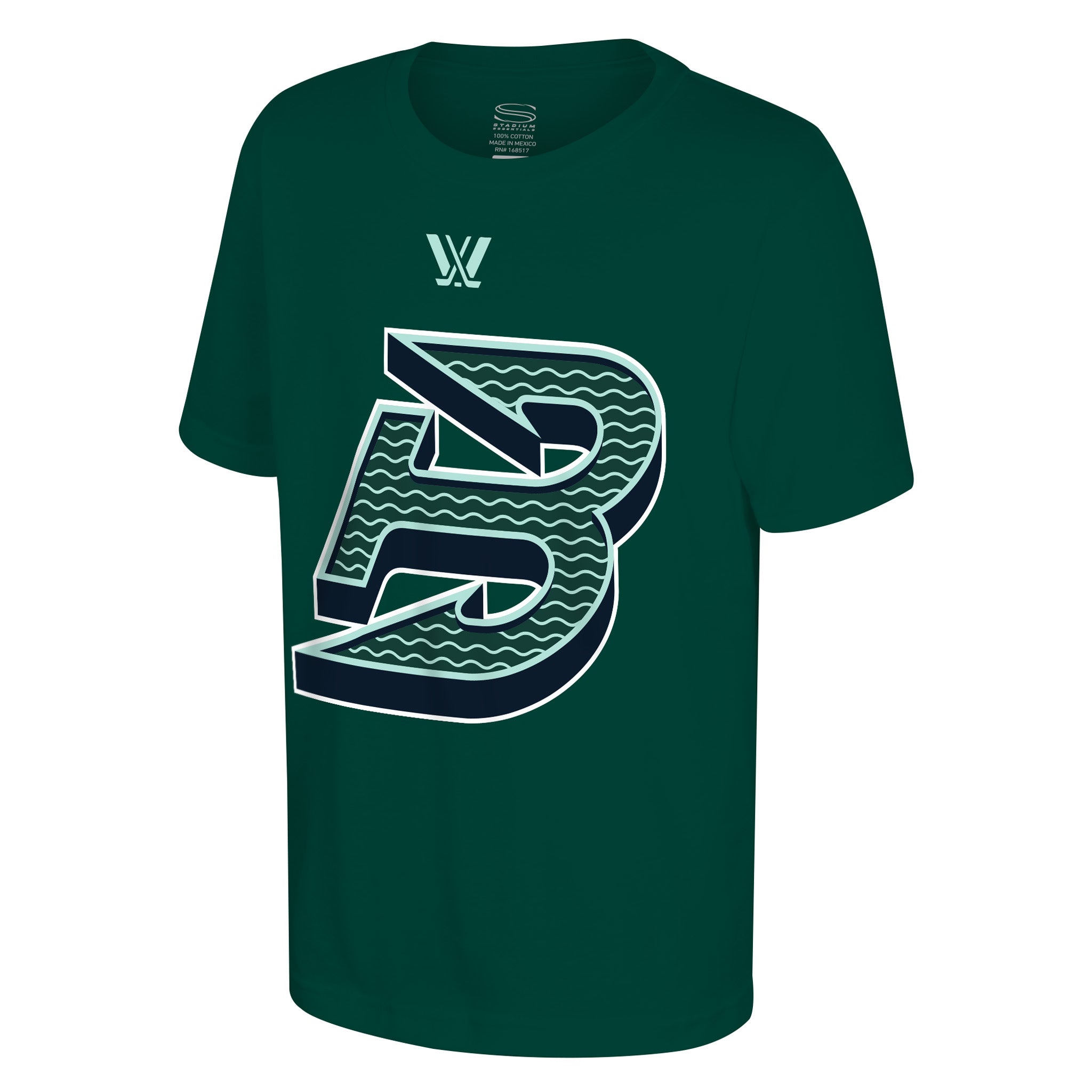 Green t-shirt with a logo on a white background
