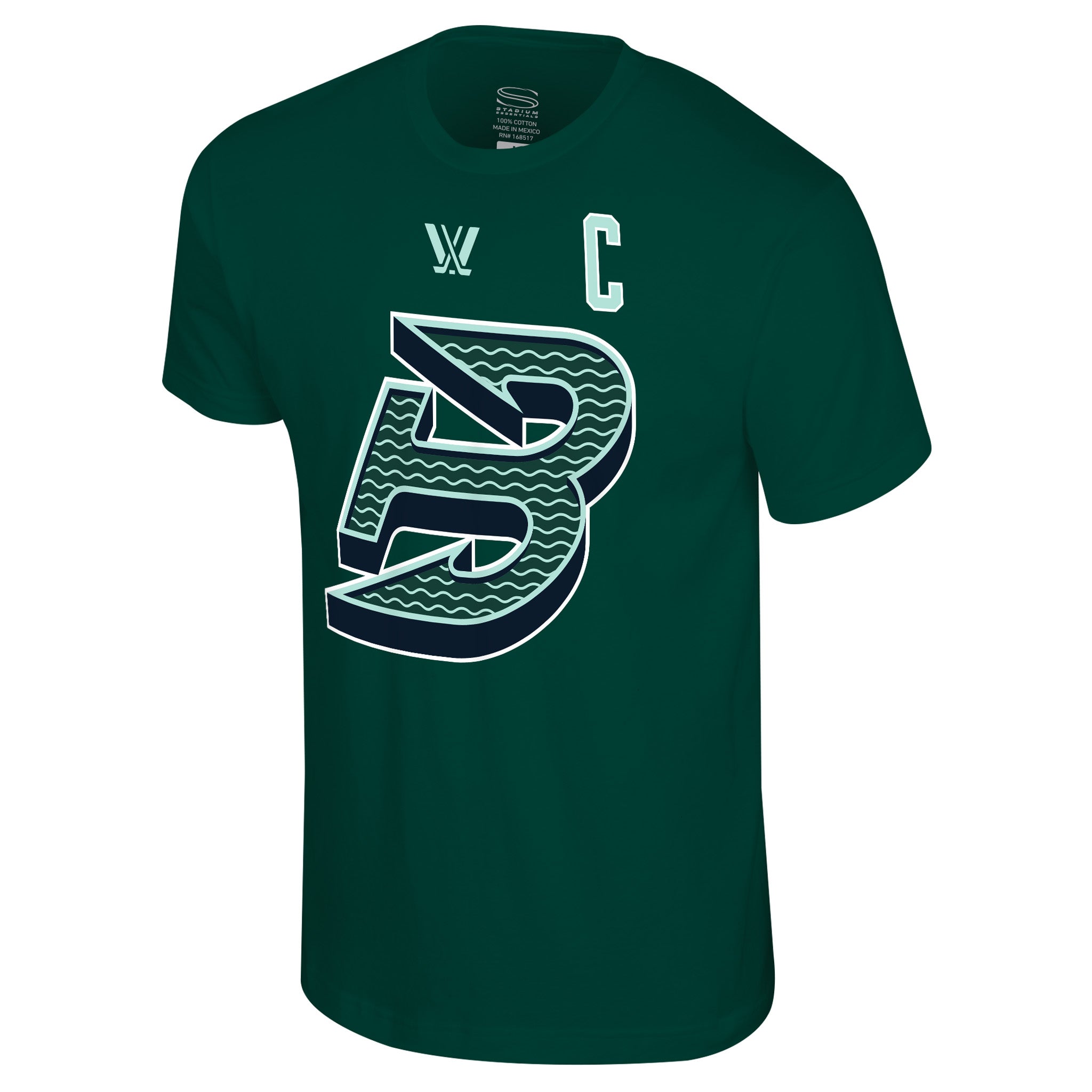 Green t-shirt with a white geometric design on a white background
