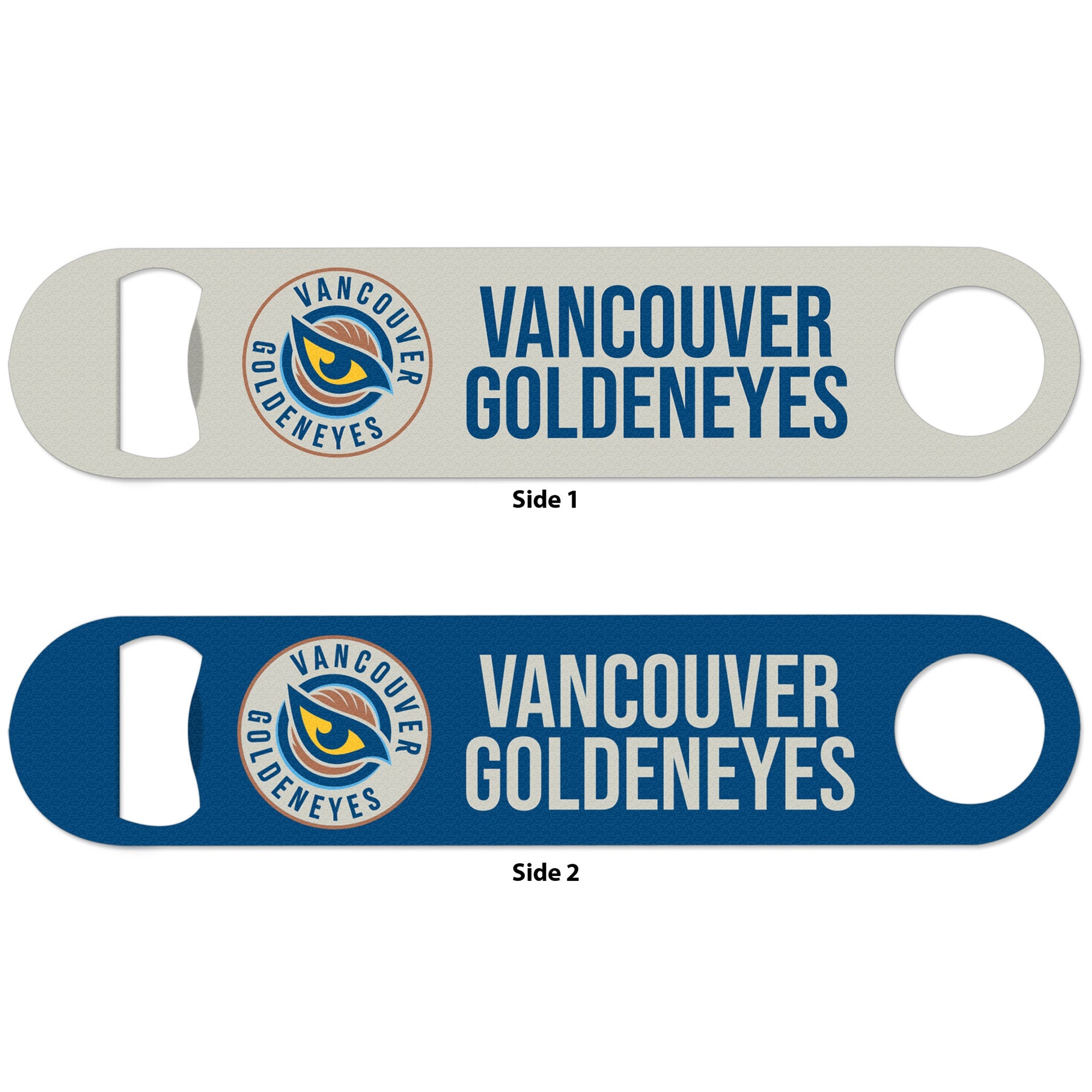 Two sides of a bottle opener with 'Vancouver Goldeneyes' branding on a white background