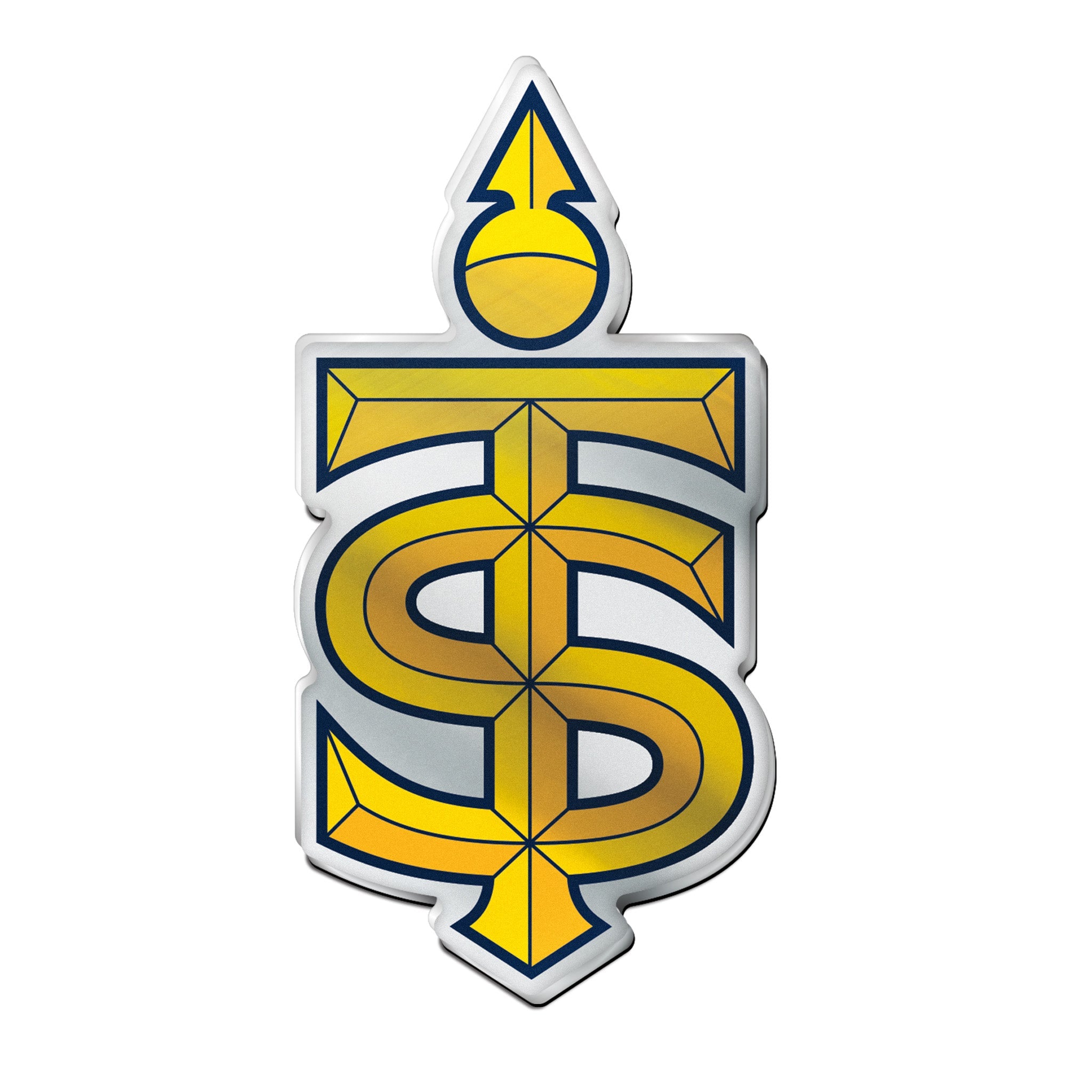 Decorative emblem with yellow and blue design on a white background
