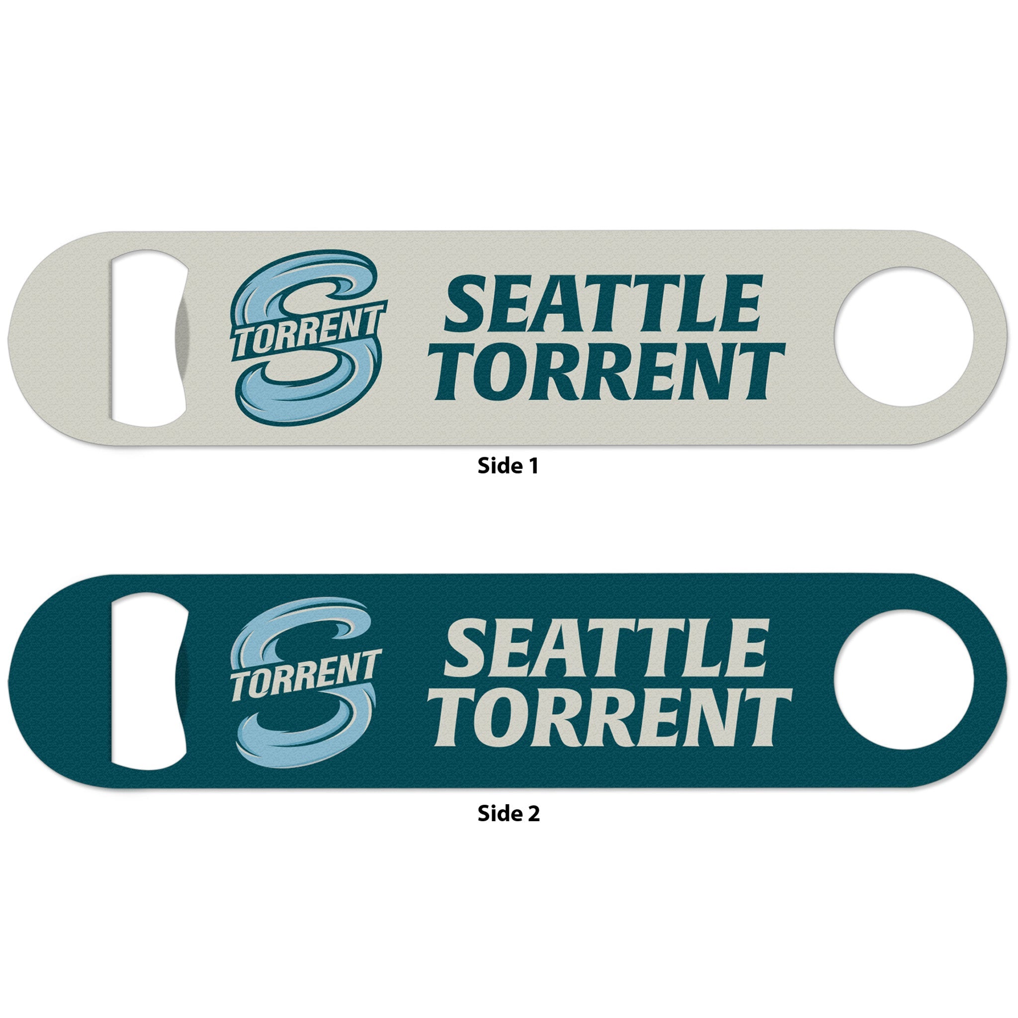 Two sides of a Seattle Torrent branded bottle opener on a white background