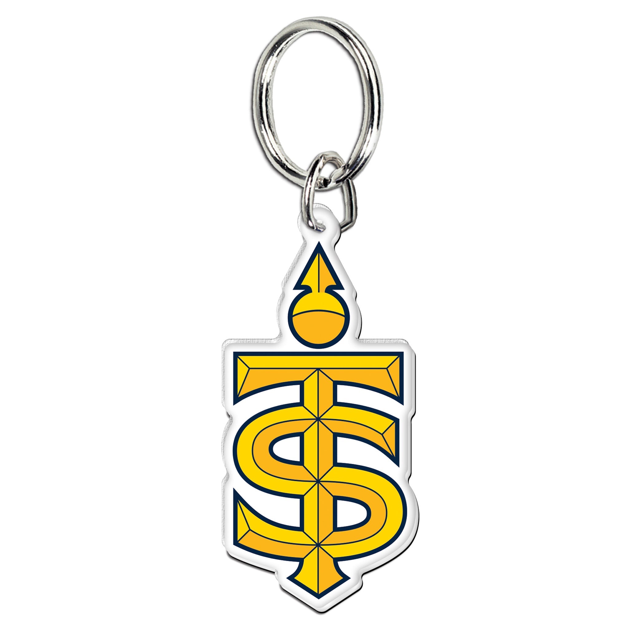 Keychain with a yellow and blue logo on a white background