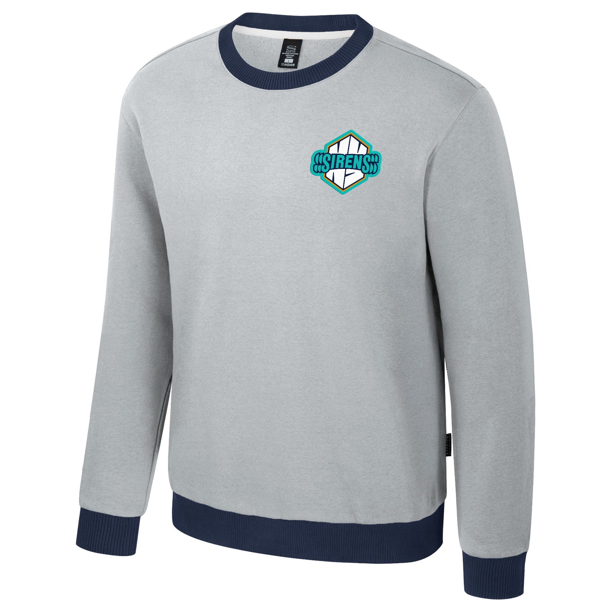 Gray sweatshirt with navy cuffs and collar featuring a logo on a white background