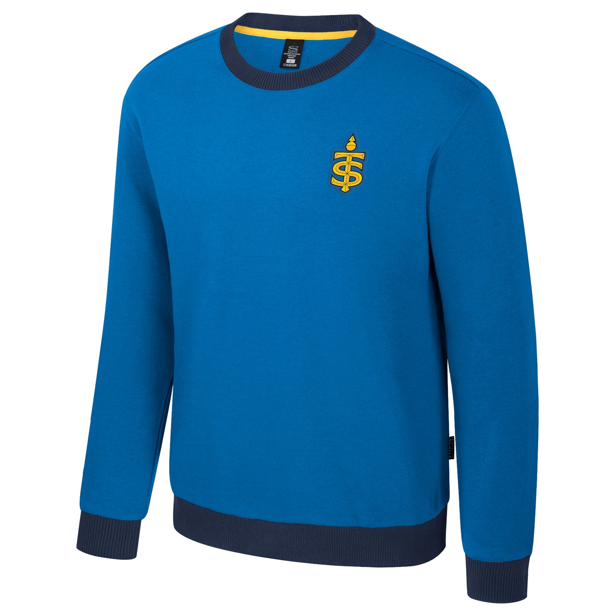 Blue sweater with a yellow logo on a white background