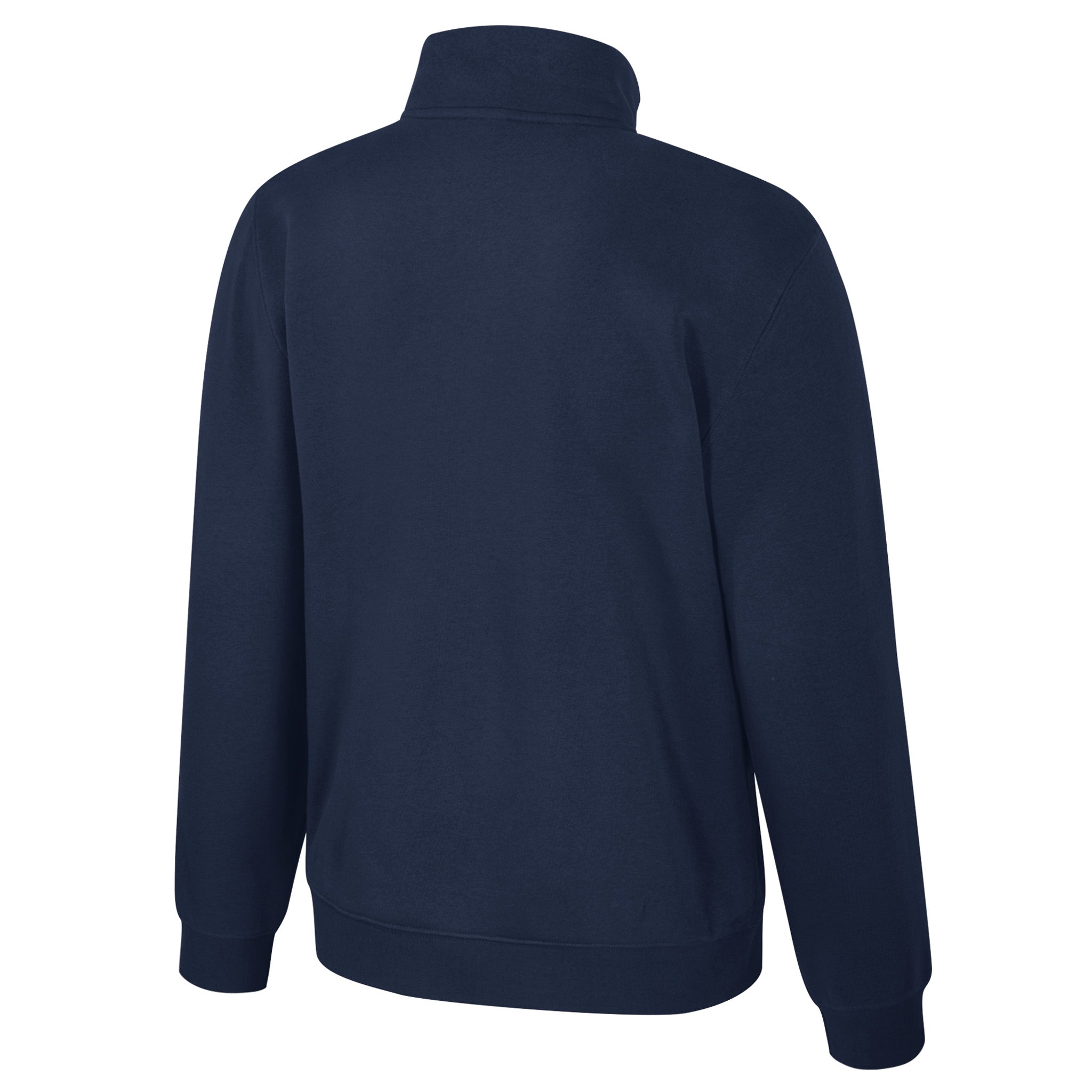 Navy blue quarter-zip sweatshirt on a white background