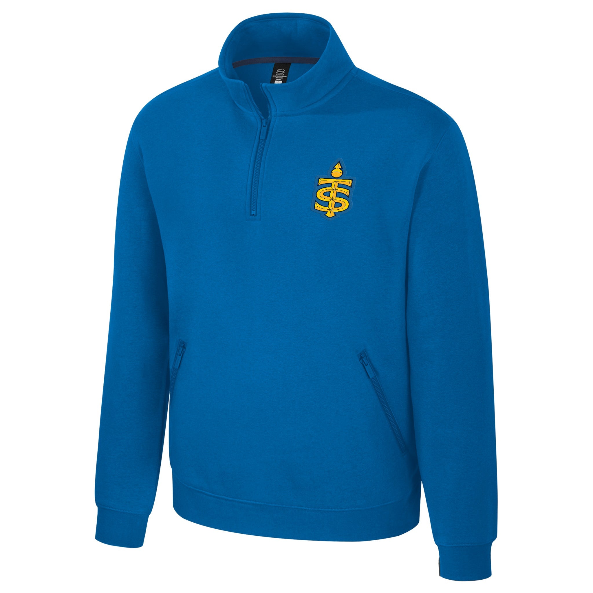 Blue sweatshirt with a yellow emblem on a white background