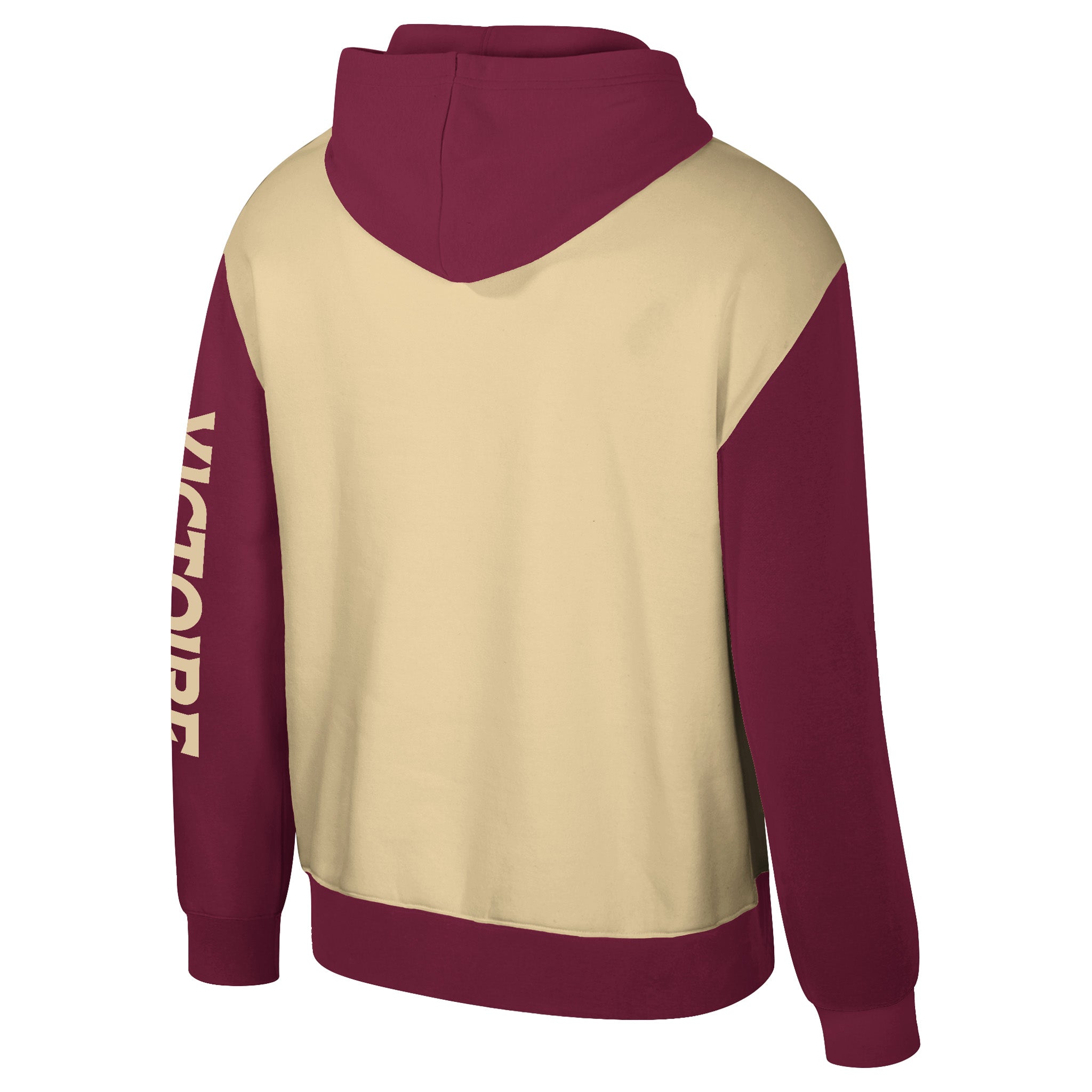 Two-tone maroon and cream hoodie with 'VICTOIRE' branding on sleeve.