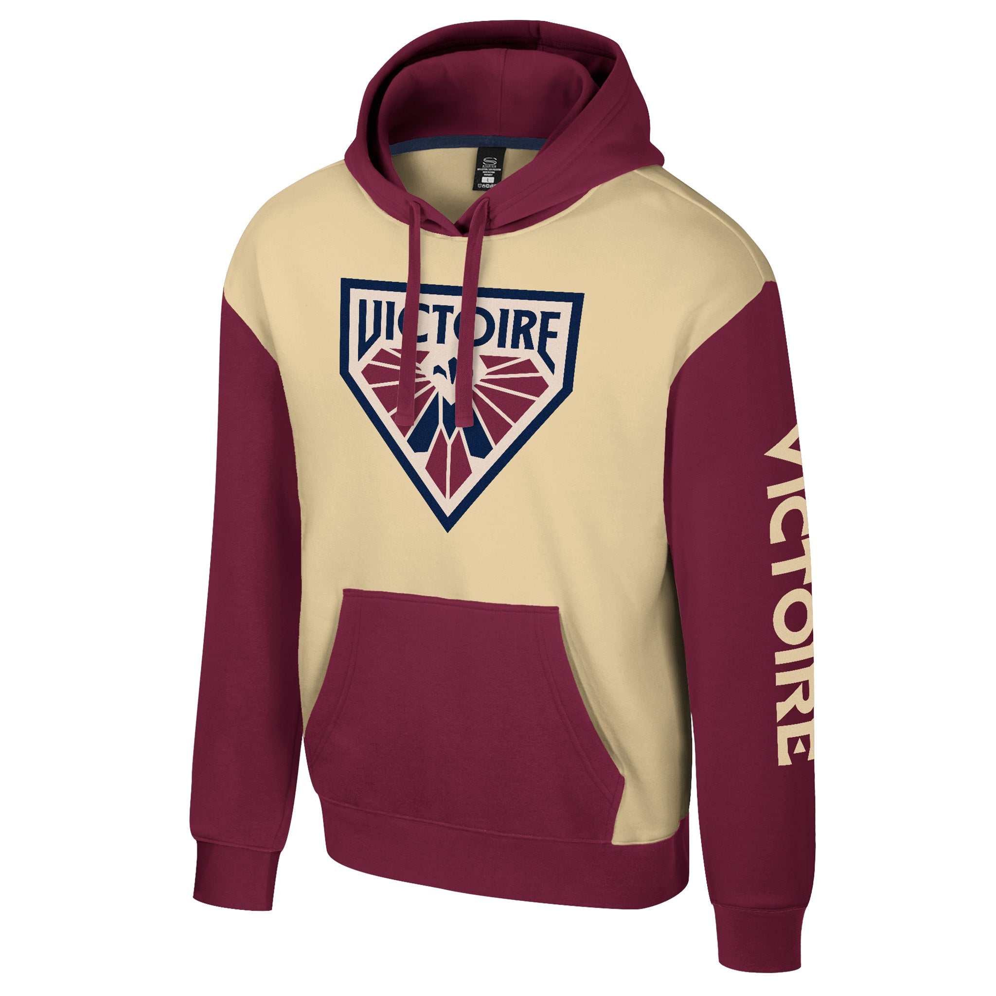 Hoodie with maroon and cream design featuring a logo and text on a white background