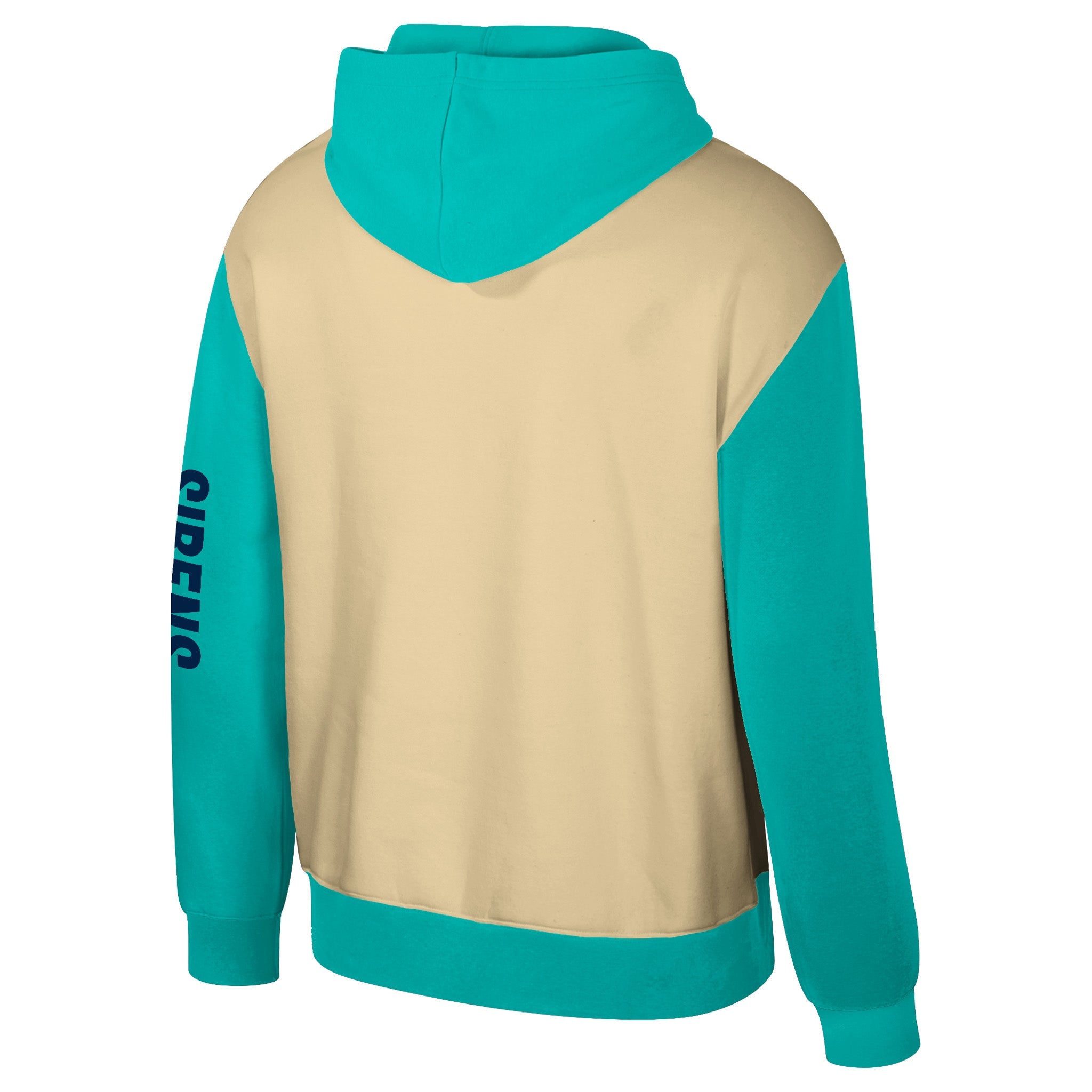 cream and teal hoodie, back view