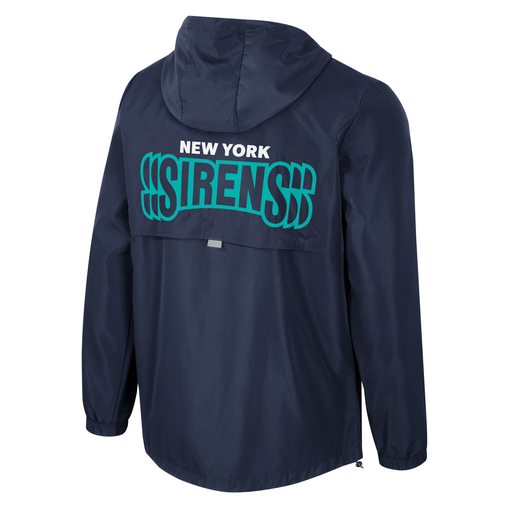 Navy blue jacket with 'New York Sirens' text on the back against a white background