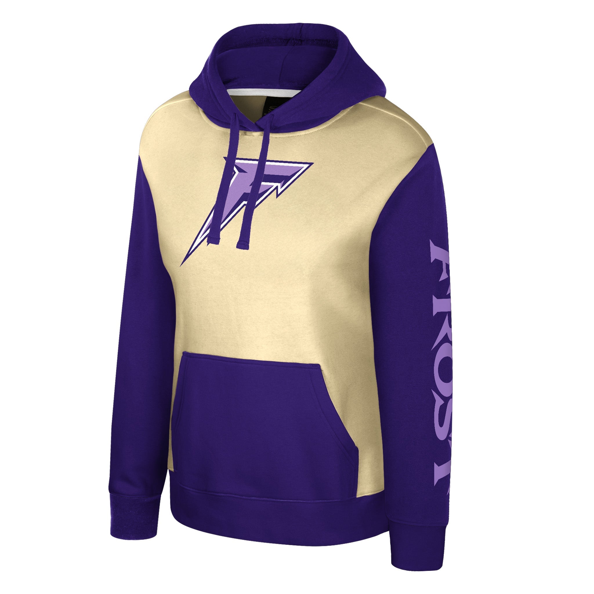 Purple and cream hoodie with a logo on a white background