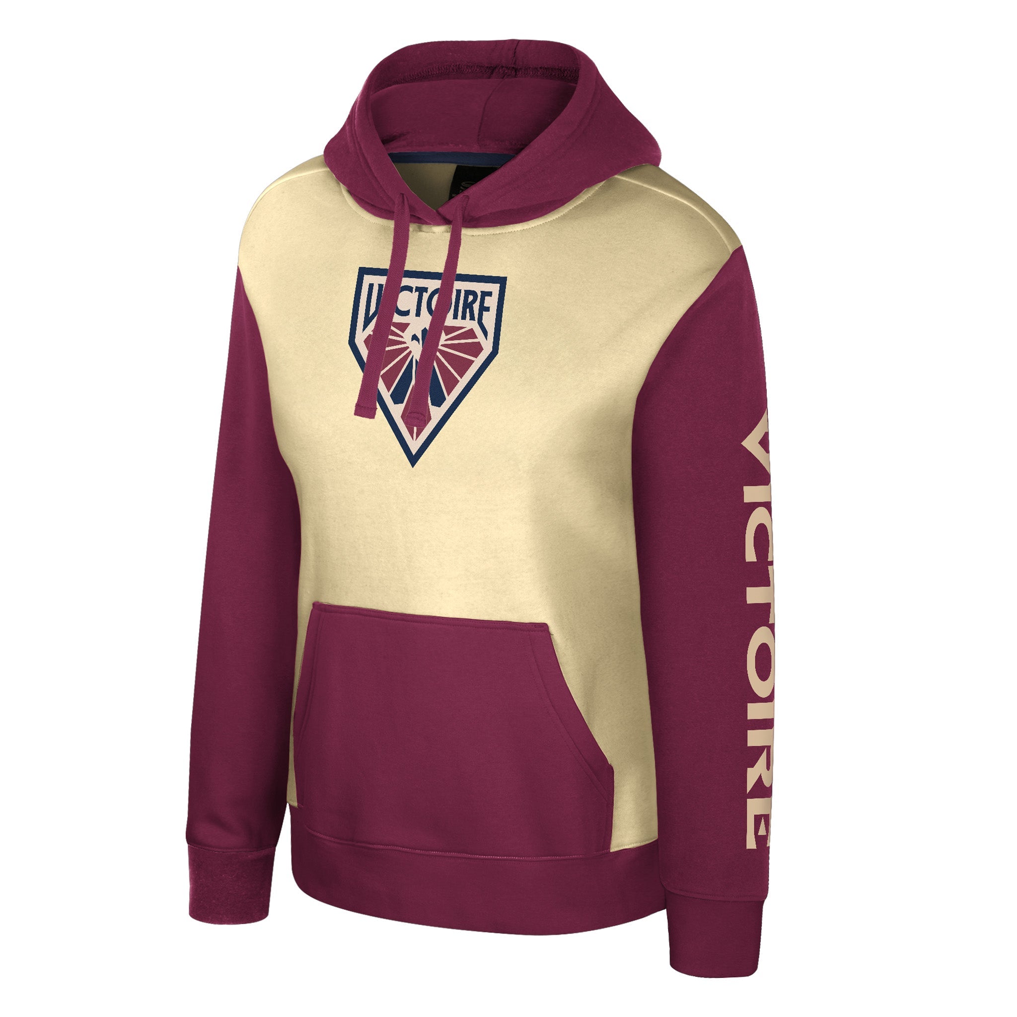 Hoodie with maroon and cream design on a white background