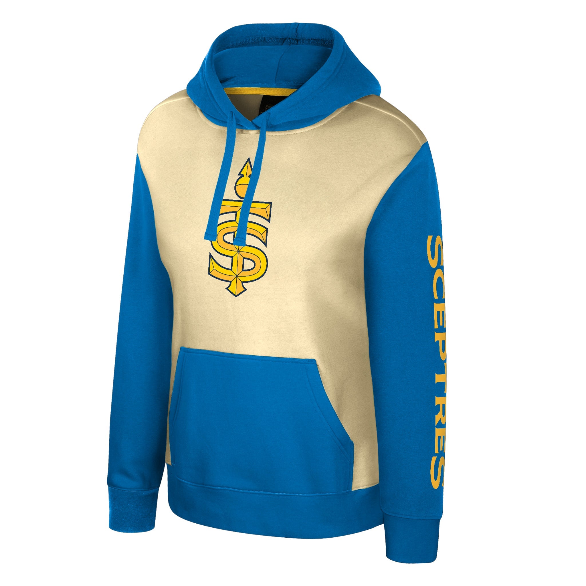 Blue and cream hoodie with a logo and text on a white background