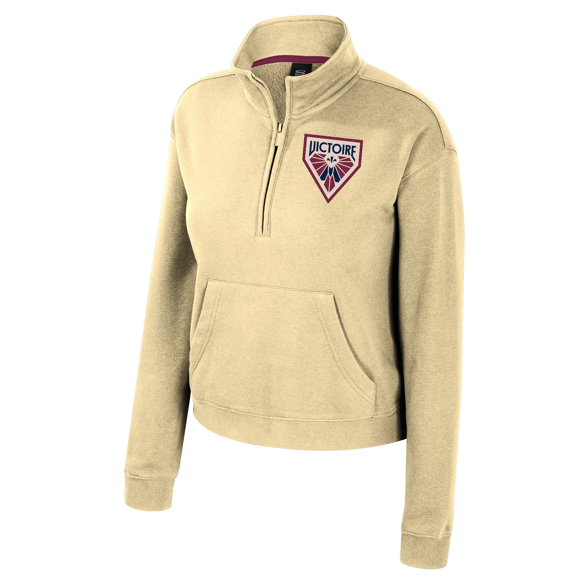 Beige pullover with a logo on the chest against a white background