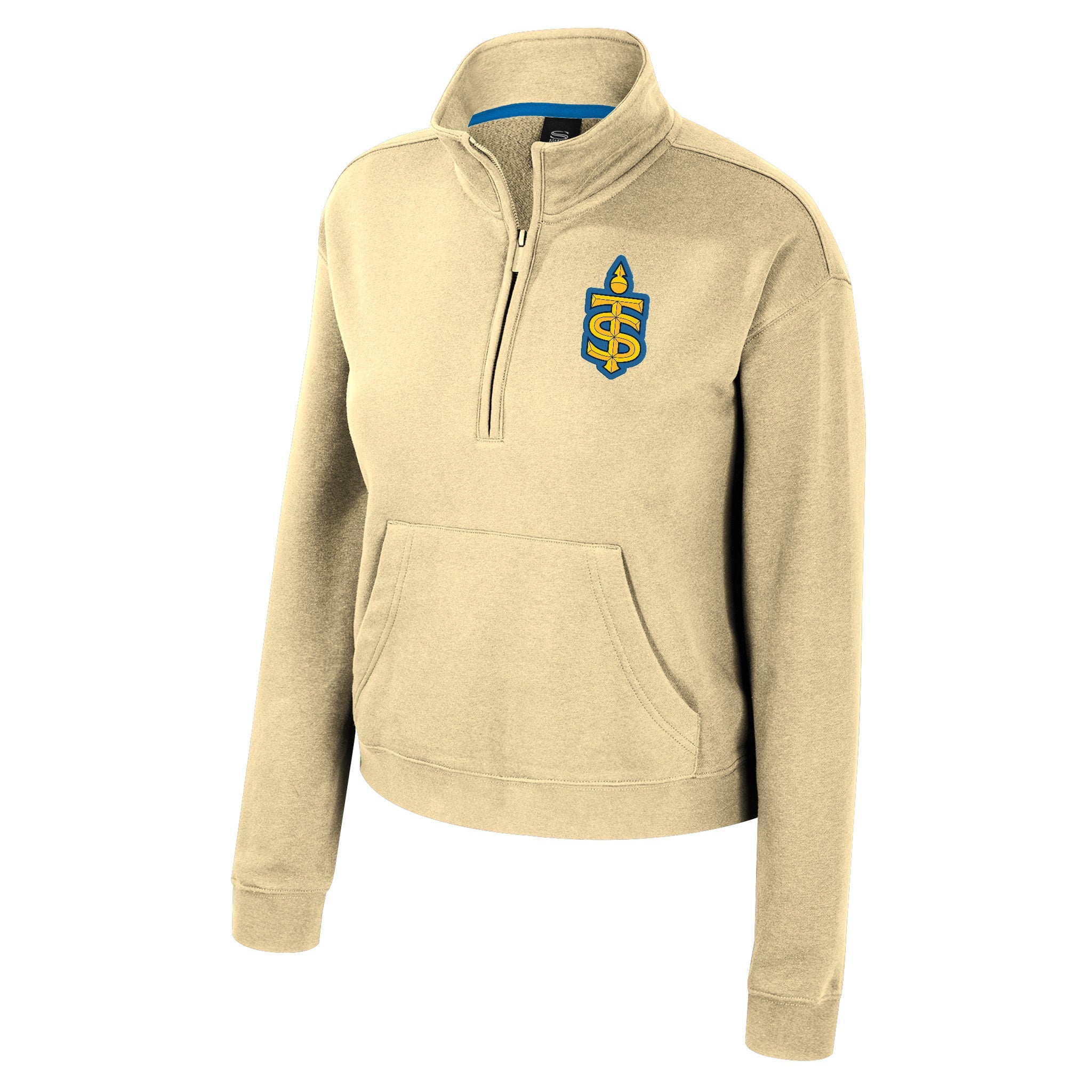 Cream half-zip sweatshirt with a logo on a white background