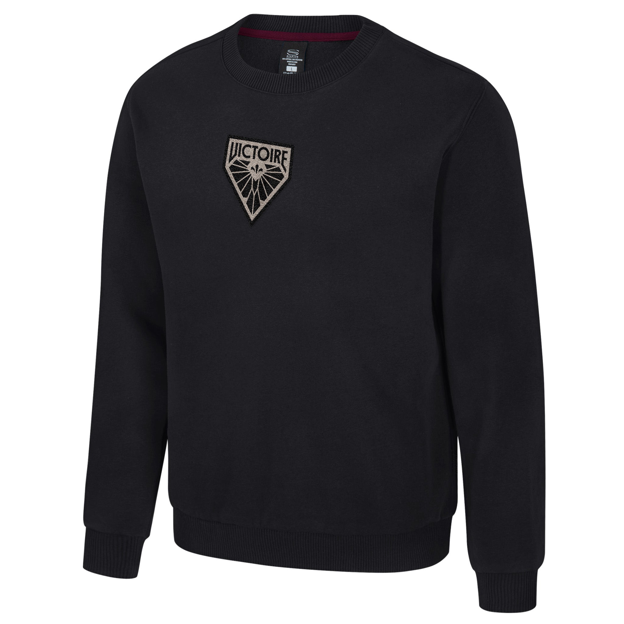 Black sweatshirt with a logo on the chest against a white background